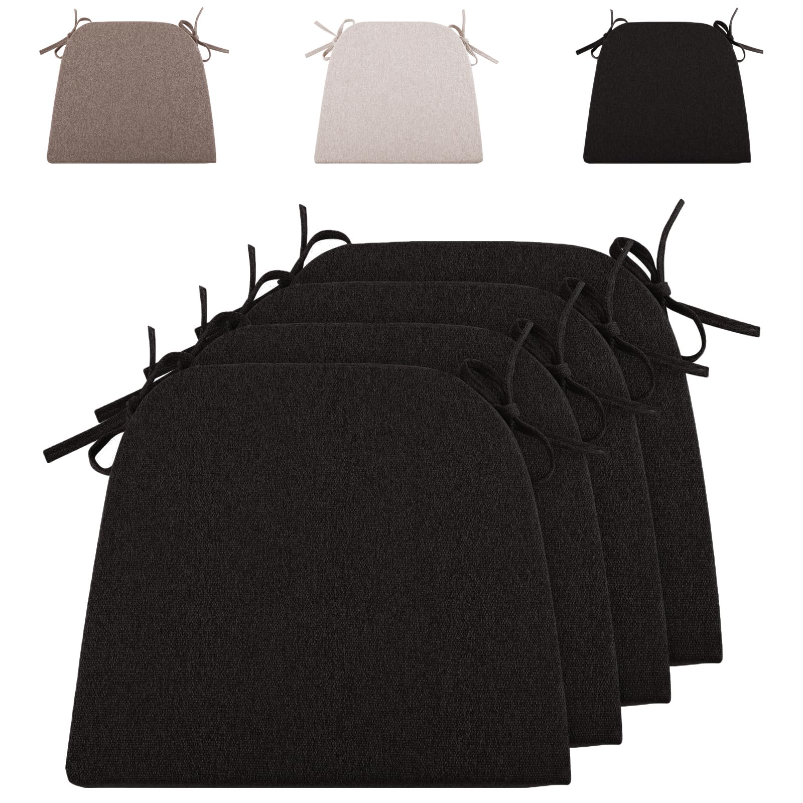 Cojín para silla de 43x41 cm antideslizante lavable con cintas set de 4 piezas de color negro