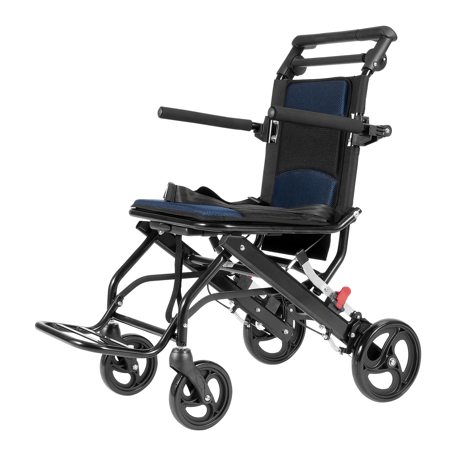 VEVOR Silla de Ruedas plegable de Transporte Ultraligera de Aleación de Aluminio para Adultos, con Brazos Abatibles hasta el Largo del Escritorio, Freno Autoblocante, 875 x 480 x 892 mm, Negro + Azul
