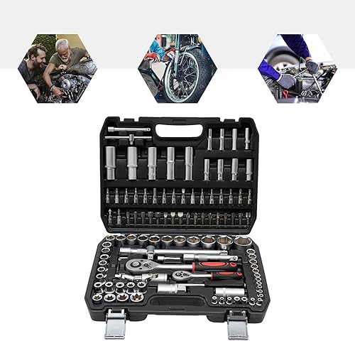 Miniatura 9 de Juego de herramientas mecánicas de 108 piezas con estuche de transporte, juego de llaves métricas de 14 y 12, barras de extensión, enchufes, llave