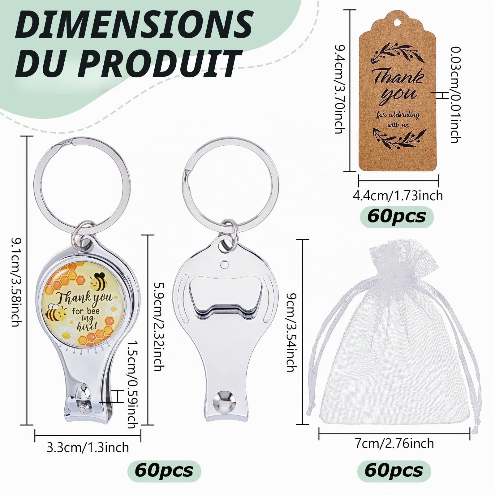 60 Porte-Clés Coupe-Ongles 3-en-1 pour Mariage, Motif Abeille