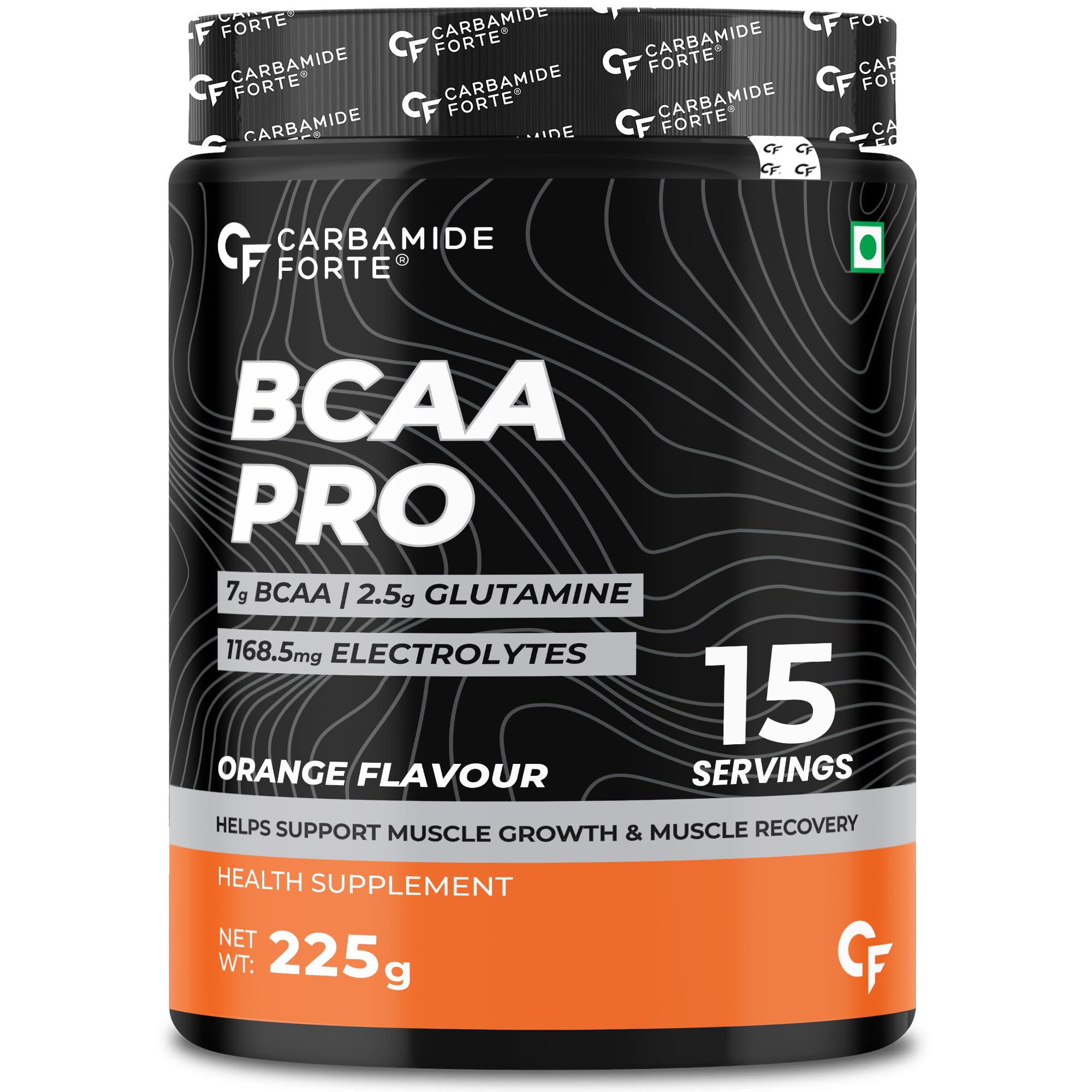 Carbamide Forte BCAA PRO Supplement for Men & Women 15g Serving with L-Glutamine & L-Citrulline|Max Strength BCAA Powder with 1168.5mg Electrolyte Blend & Vitamin B6 Supplement - Orange Flavour -225g