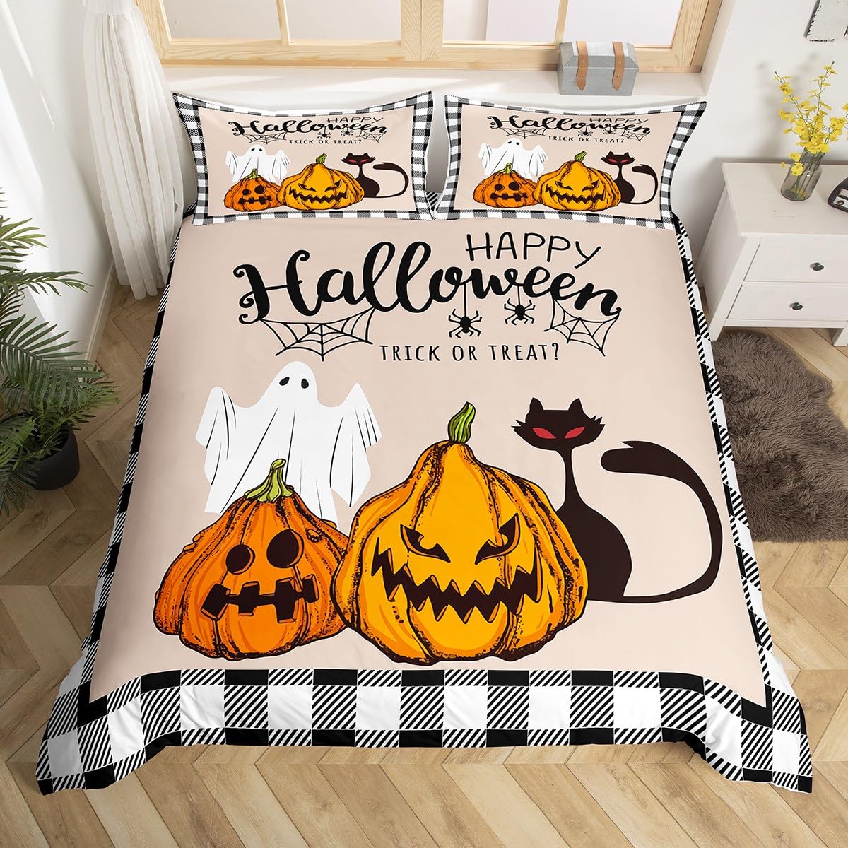 Cute Halloween Duvet Cover Set Super King Size, Pumpkin Cat Ghost Comforter Cover with 2 Pillowcases, Rustic Grey Plaid Bedding Set 3pcs for Kids Boys Teen Bedroom Decor Lightweight Bedspread Cover — image 1