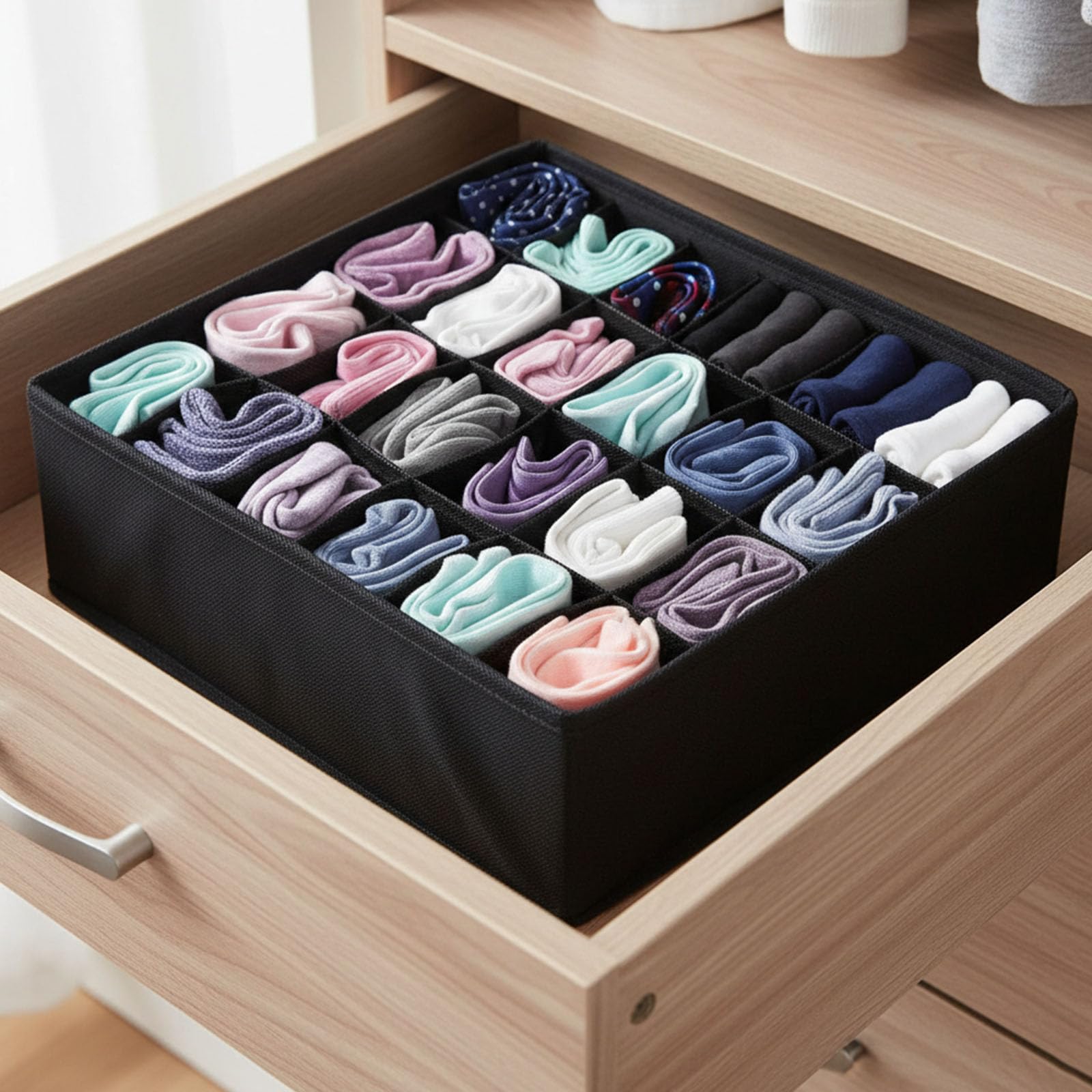 24 Grid Foldable Clothes Organizer Box,Wardrobe Storage Bin with PP Board Support,for Underwear, Socks, and T-Shirts,Black