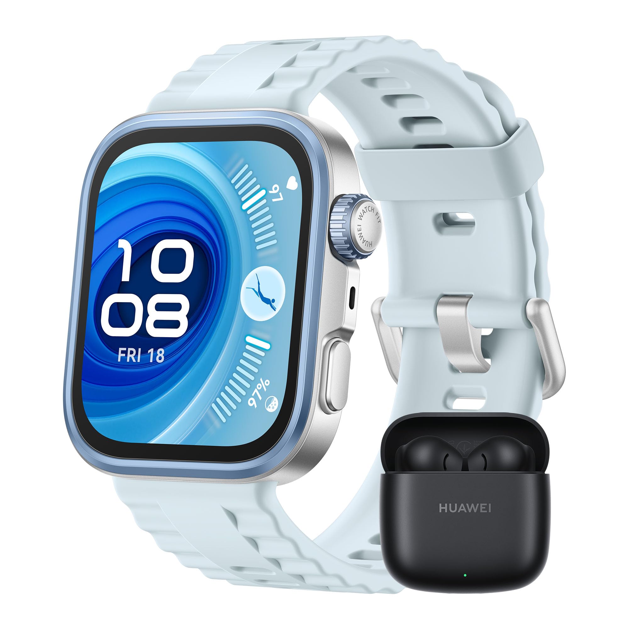 HUAWEI Watch FIT 4 Pro Smartwatch Azul + FreeBuds SE 2 Negro, Cristal de Zafiro y Titanio, Brillo máximo de 3.000 nits, Pago por NFC, Dual–Band GPS, ECG, Deportes al Aire Libre de Alto Rendimiento