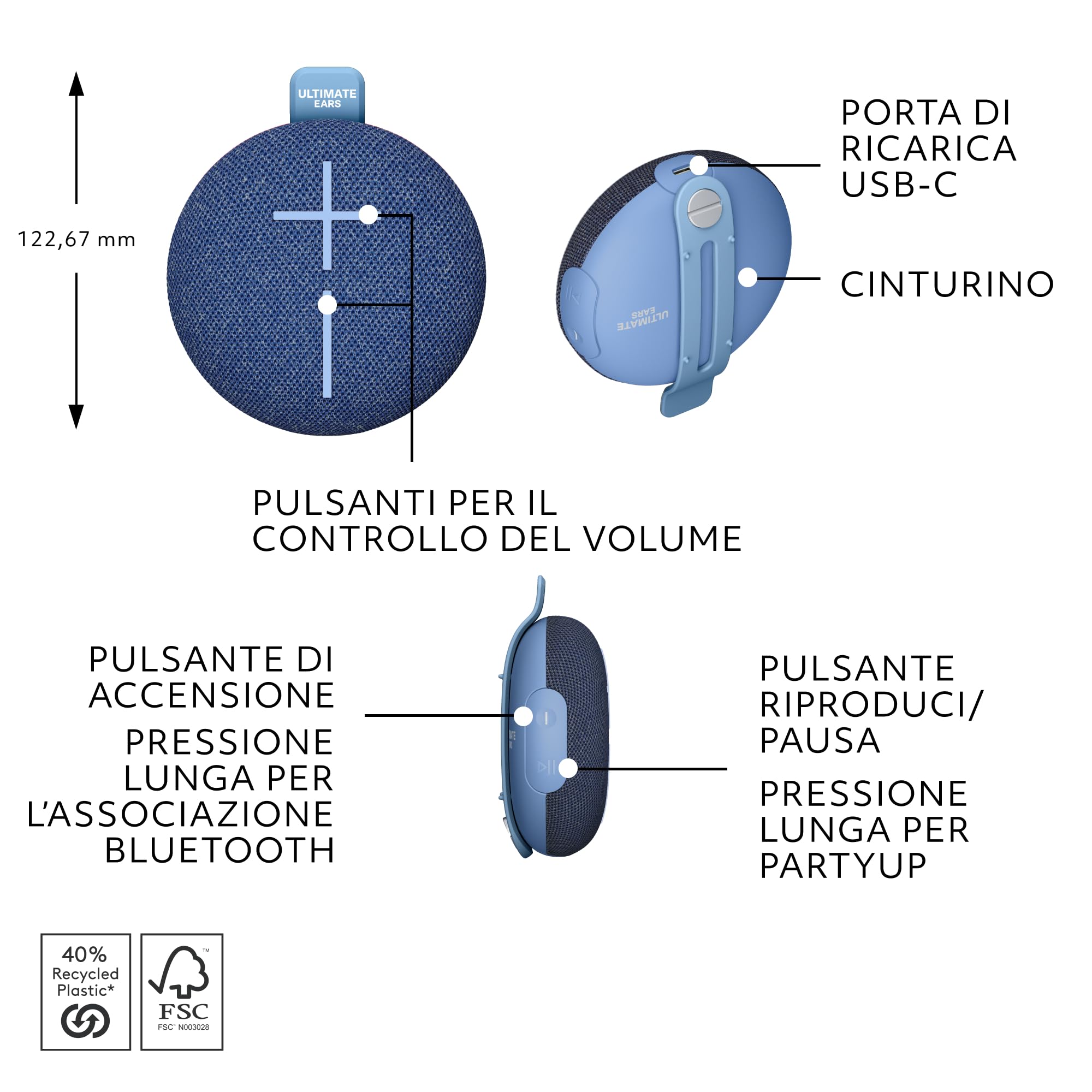 Ultimate Ears MINIROLL Altoparlante Bluetooth impermeabile ultraportatile, bassi potenti, resistente alla polvere IP67, raggio d’azione di 40 m - Blu