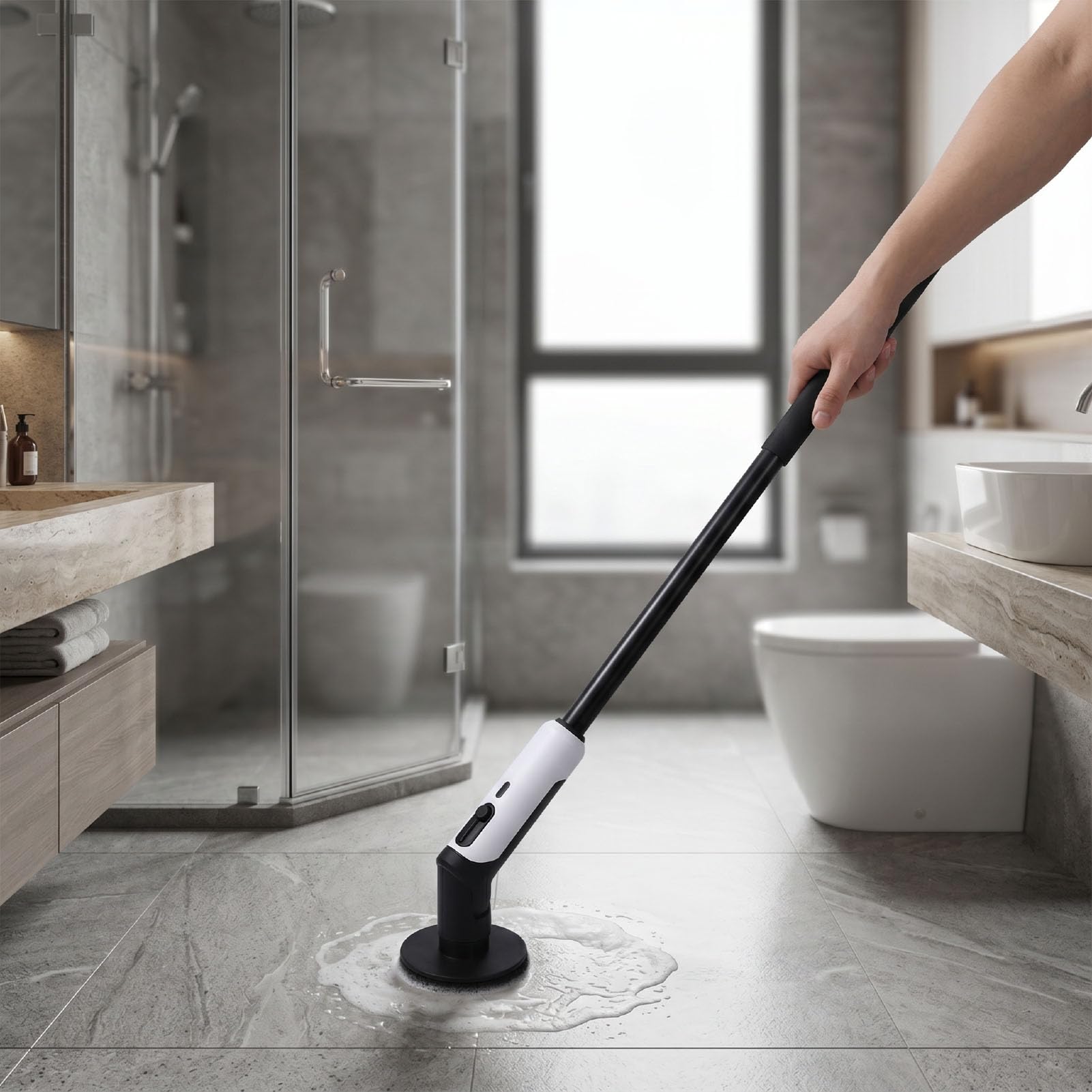 Épurateur électrique pour Nettoyer Le Carrelage de la Cuisine de la Salle de Bain, Brosse de Nettoyage Fil avec Poignée Extensible Réglable et 4 Têtes de Brosse, Options Multi-Vitesses