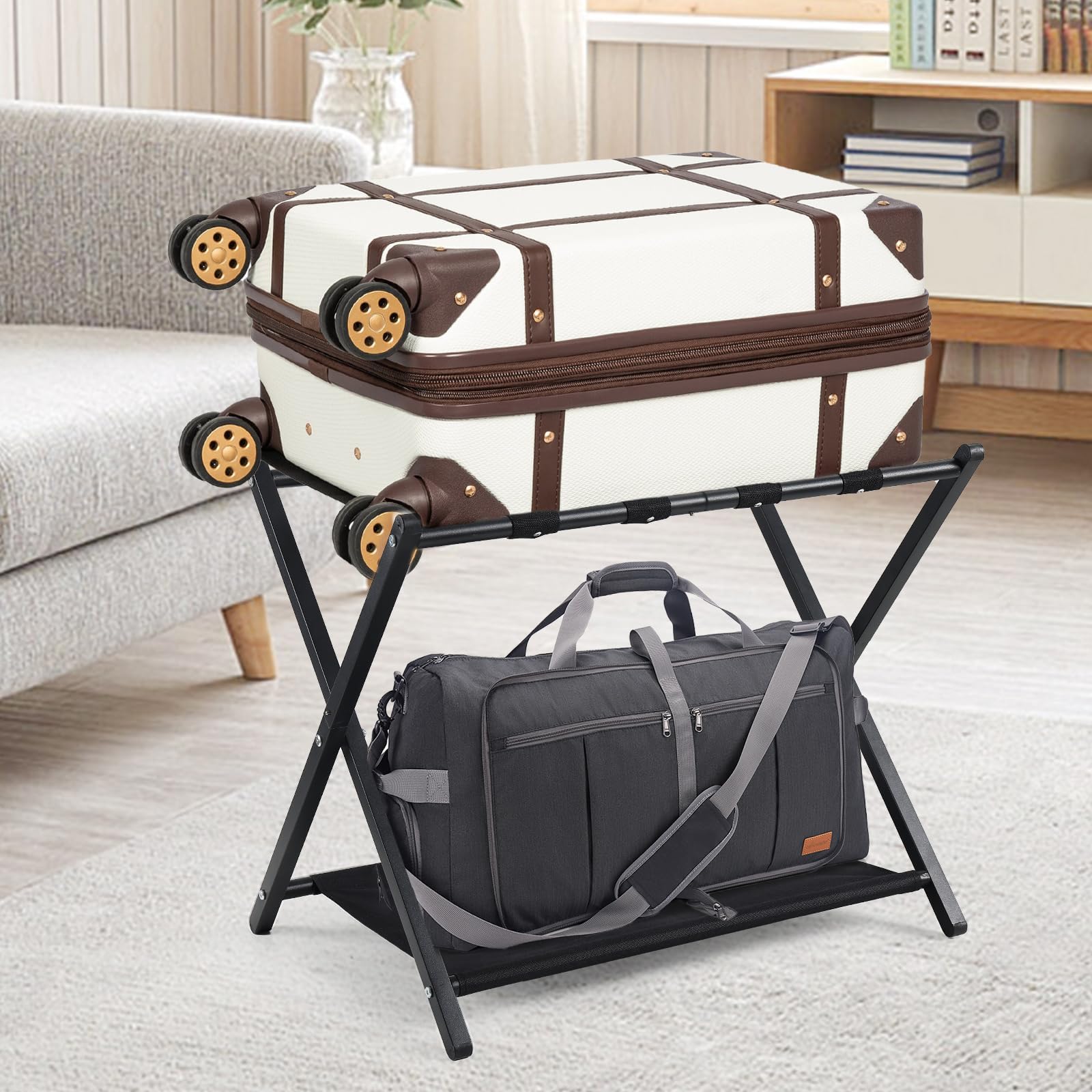 Supporto per Valigie DAKEPOLE - 2 Pezzi, Supporto Pieghevole per Valigie in Bambù per Camera da Letto, Camera degli Ospiti, Metallo Cromato, Pieghevole