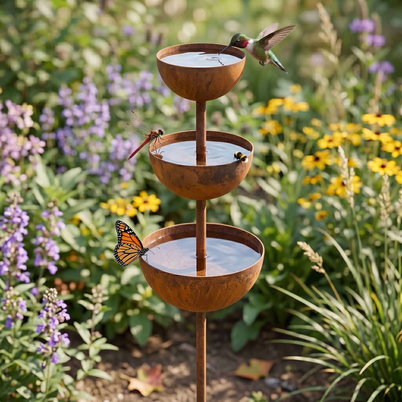 CLBDRESS Rain Catcher with 3-Tiered Water Bowls, Metal Rain Catcher Garden Stake, Bird Bath & Butterfly Feeder, Outdoor Yard Art for Home Garden Backyard Courtyard