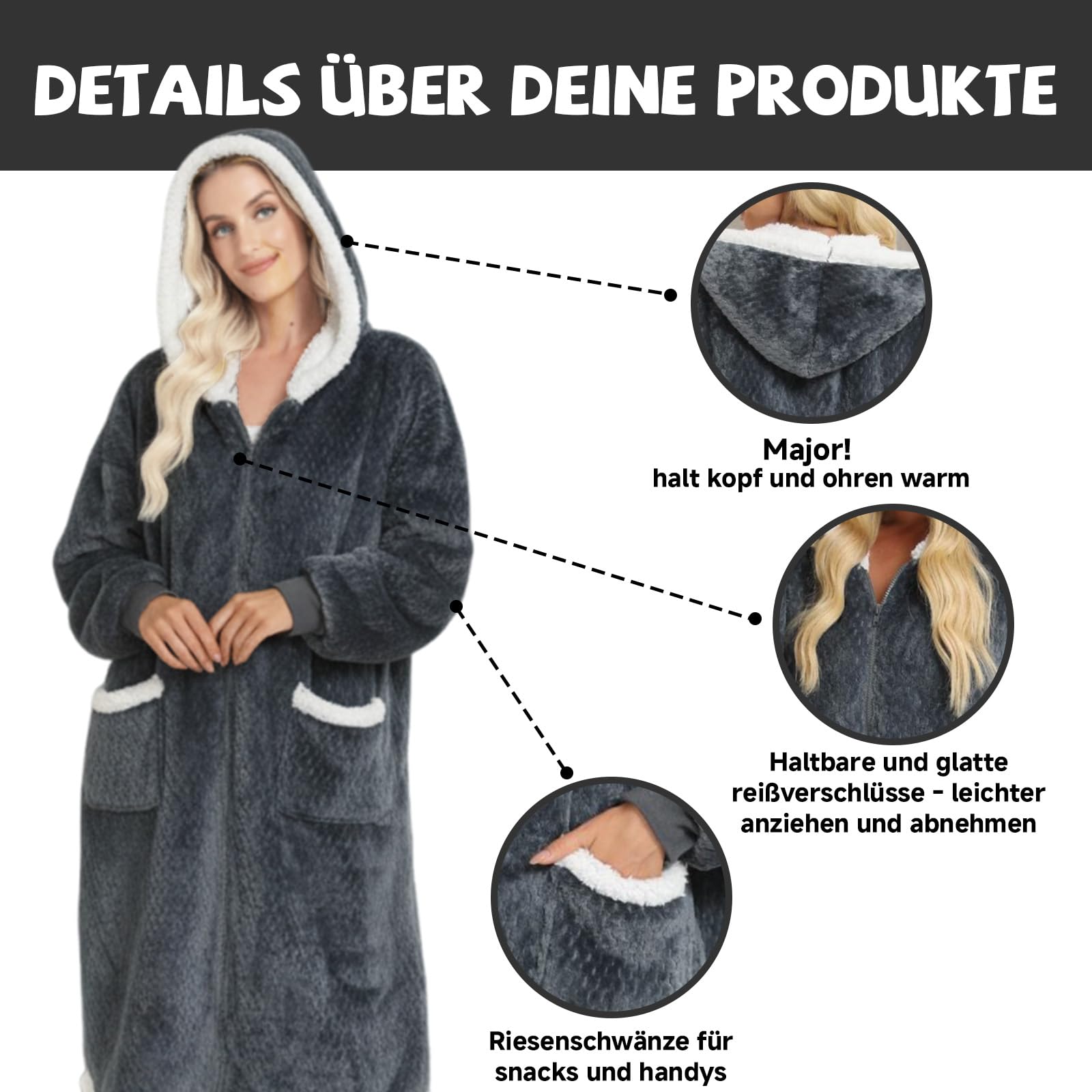 Coperta con maniche e cappuccio, coperta in pile con cappuccio con cerniera e tasche, grigio scuro, Taglia unica