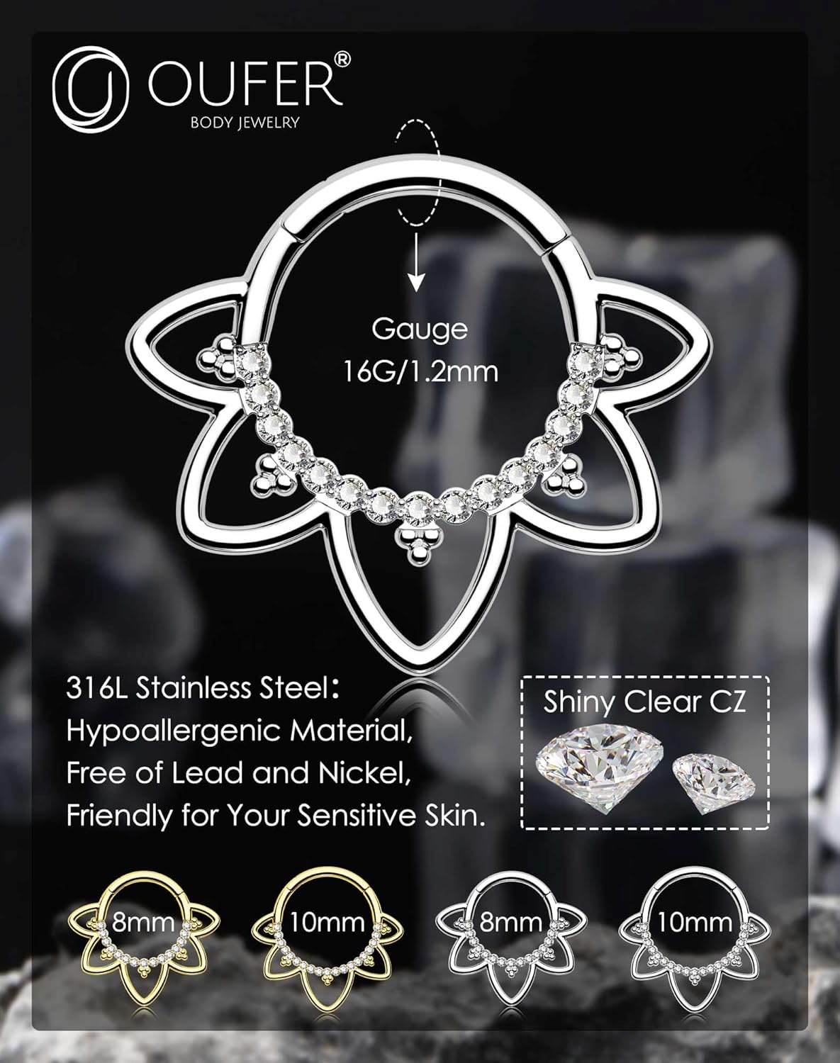 OUFER Daith Piercing Jewelry, 316L Stainless Steel Daith Earrings, 16G Clear CZ Design Daith Hoop Earring, Helix Cartilage Septum Piercing Jewelry - Image 9