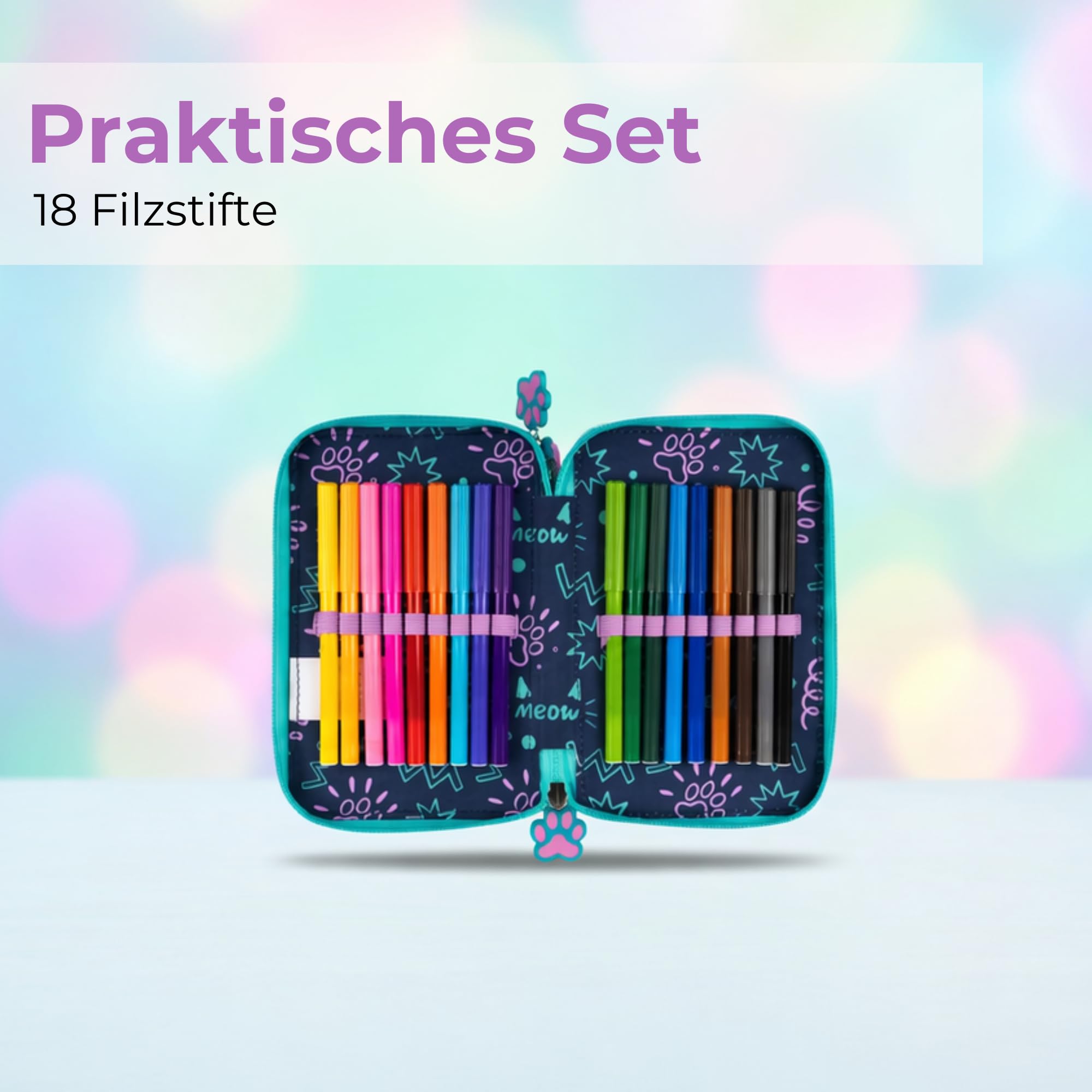 Goldkids - Federmäppchen 3 Fächer - Mäppchen für Mädchen und Jungen - Federmappe 3-Fach Federtasche 44-teilig Gefüllte Schüleretui Hausaufgabenheft- Katze Motiv