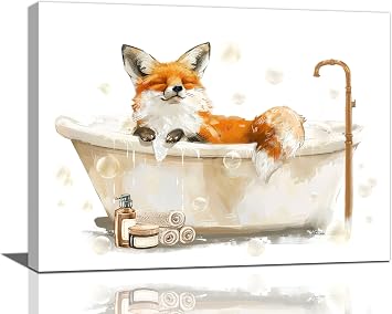Fox Wall Art Fox in Bathtub Pictures Wall Decor Bathroom Canvas Prints Bathroom Decorations Painting Framed Artwork Office Home Decor For Toilet Laundry Washroom Restroom 16"x12"