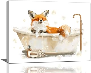 Fox Wall Art Fox in Bathtub Pictures Wall Decor Bathroom Canvas Prints Bathroom Decorations Painting Framed Artwork Office Home Decor For Toilet Laundry Washroom Restroom 16"x12"