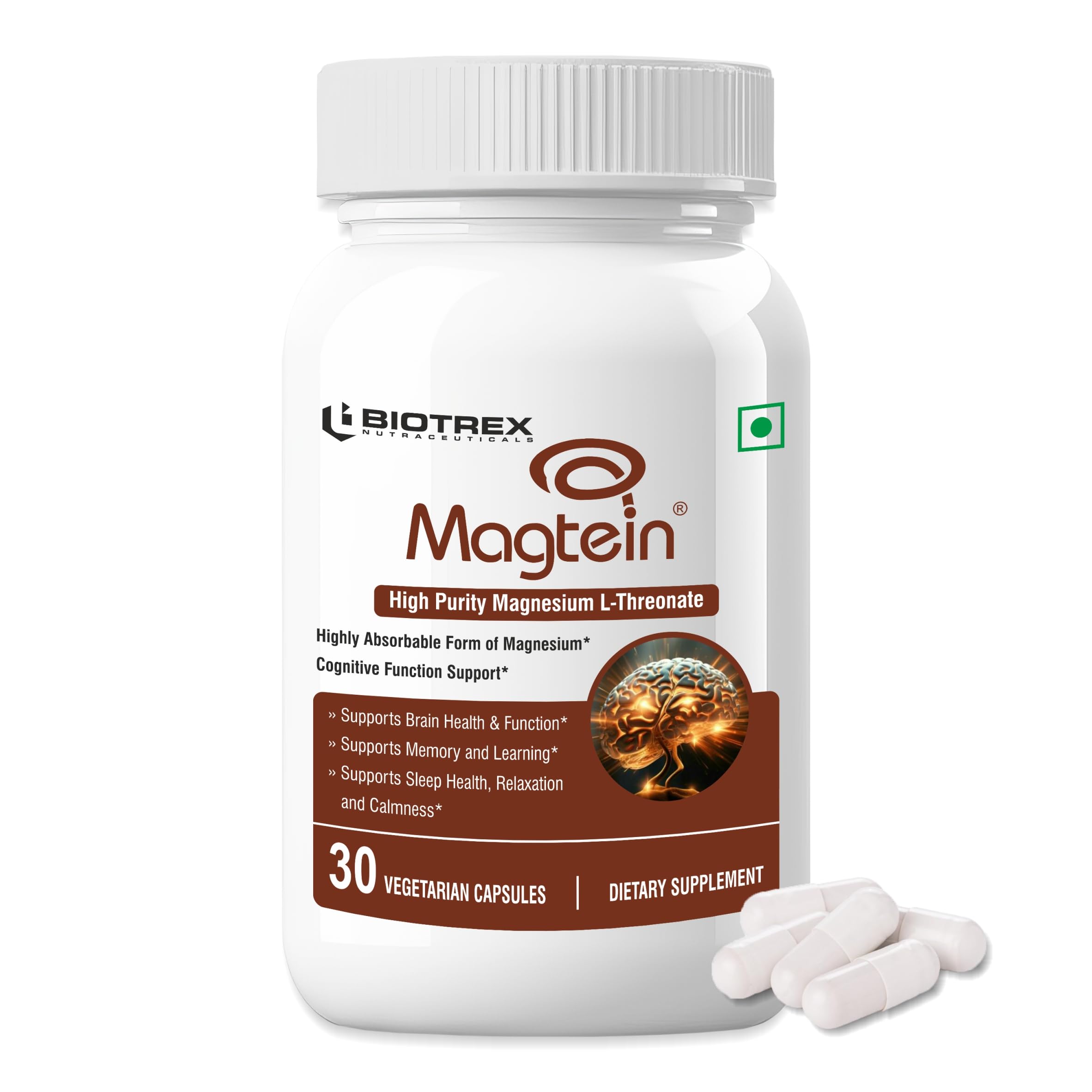 Biotrex Nutraceuticals Magtein Magnesium L-Threonate Supplement, Highly Bioavailable Form of Magnesium, Supports Sleep Health And Cognitive Function - 30 Veg Capsules