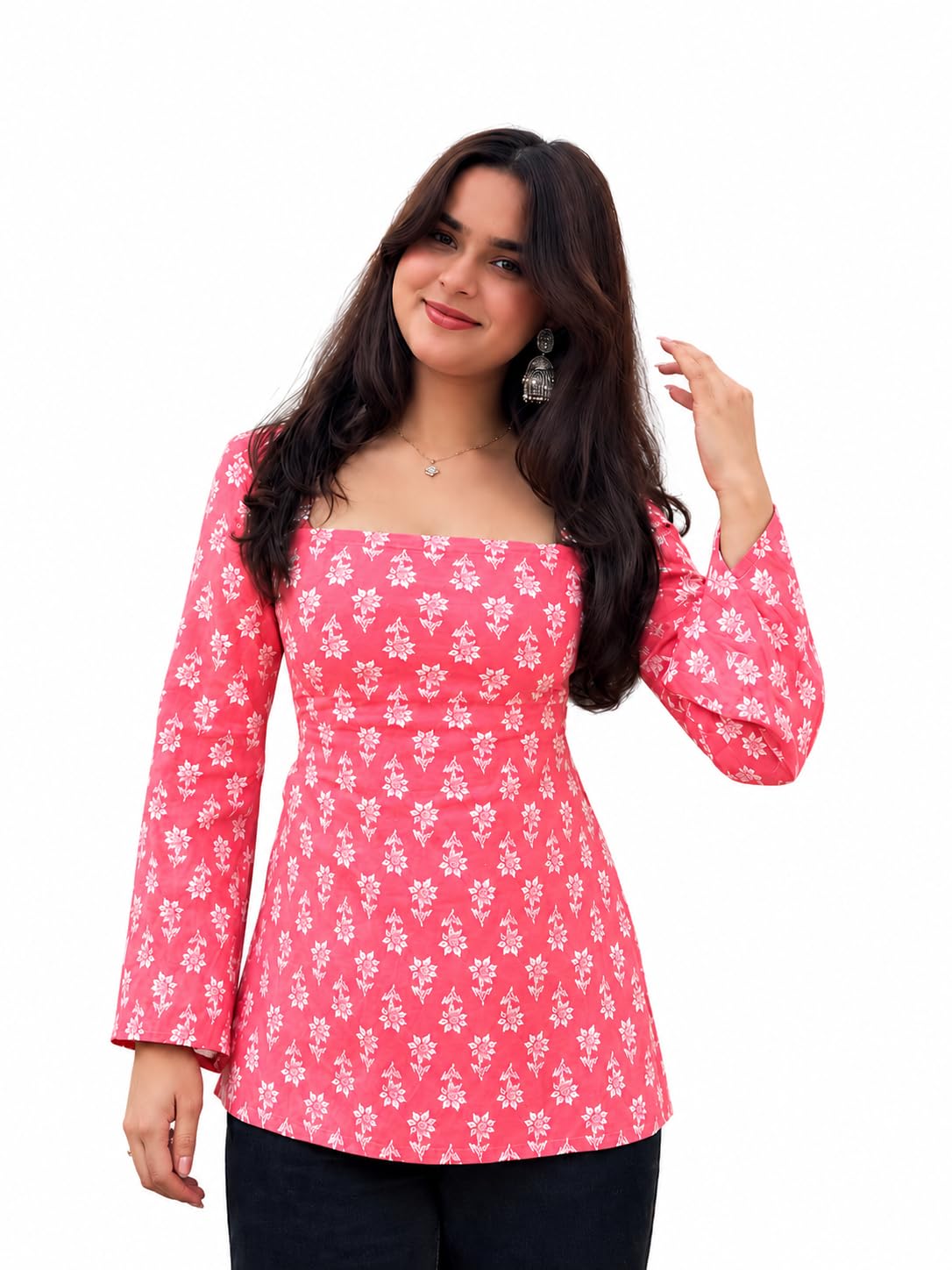 Women's Pink Floral Print Cotton Short Kurti with Back Tie-Up-image-48