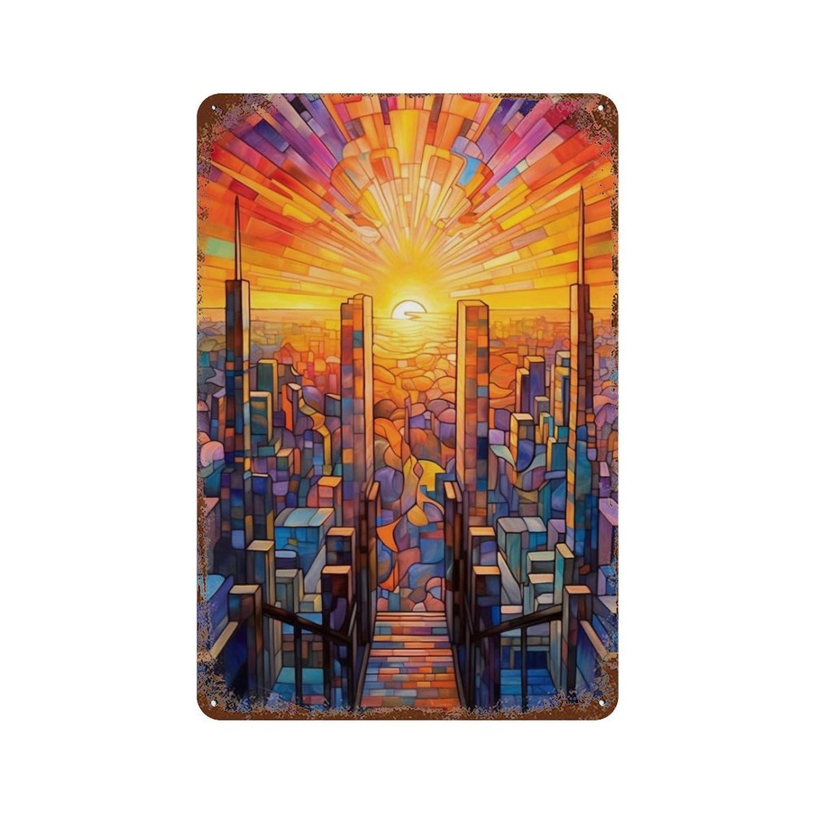 Rust Effect Stained Glass Cityscape Rustic Tin Plaque 11.8"x7.9", Classic Wall Plaque for Shed, Workshop And Garage Wall Decor