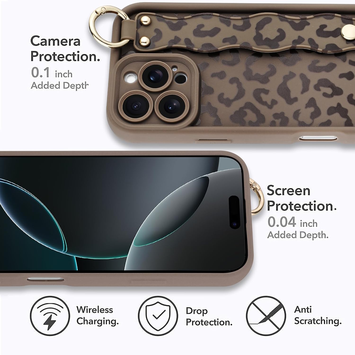 MOWIME Compatible with iPhone 16 Pro Max Case with Wrist Strap, [Upgraded] Adjustable Wristband Kickstand Case for Women Girls, Cheetah Print Shockproof Silicone Protective Cover 6.9 inch, Brown - Image 4