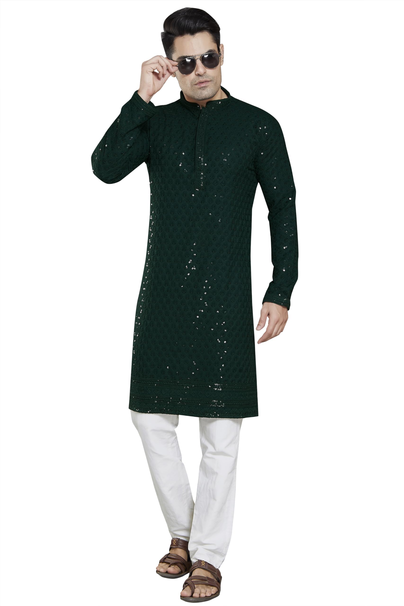 Divisive Men's Sequince Embroidered Cotton Blend Slim Fit Kurta Pyjama Set (Dkrt30_Xxxl_Bottle Green)