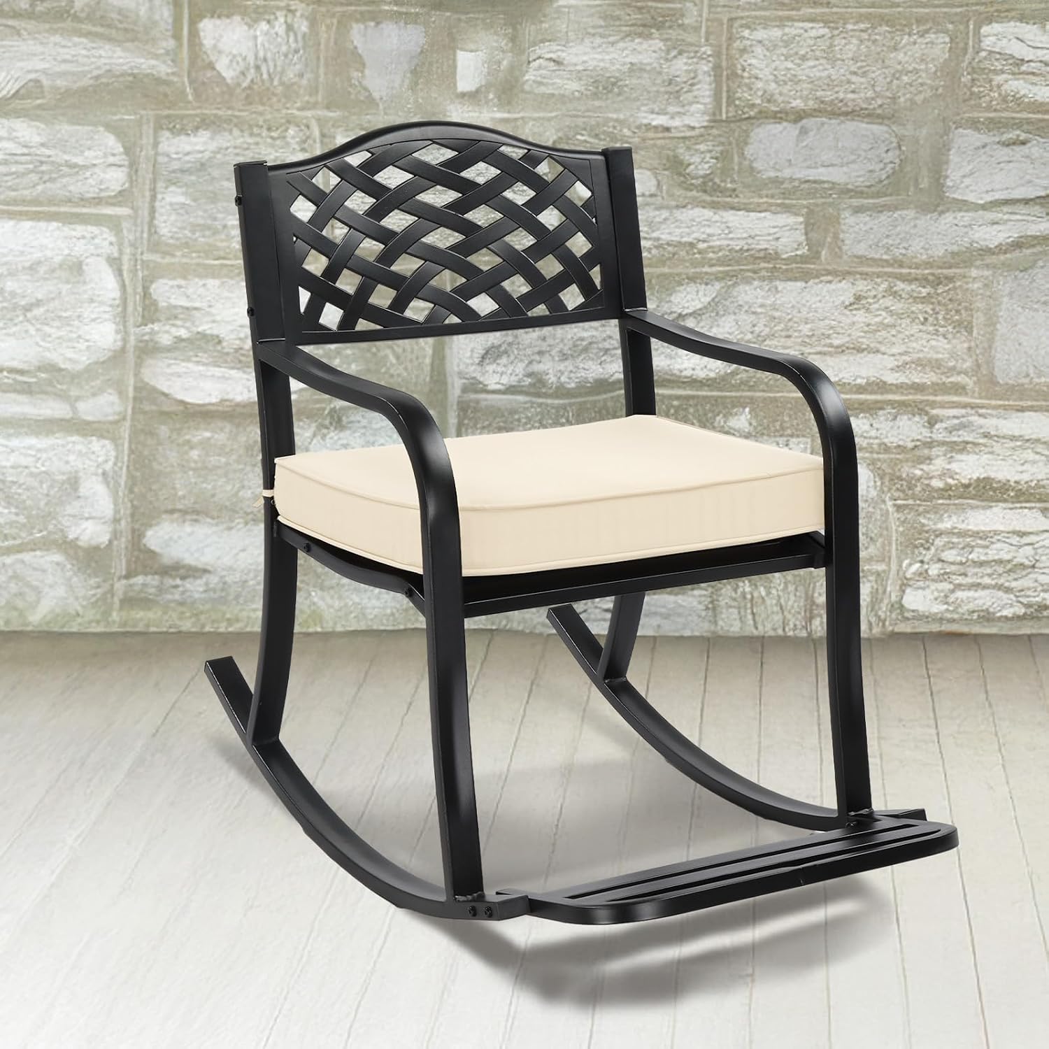 Outvita Outdoor Patio Rocking Chair, Wrought Cast Iron Furniture Chair with Padded Cushions, Metal Rocking Seat Chairs for Deck, Backyard, Garden(Grid Pattern)