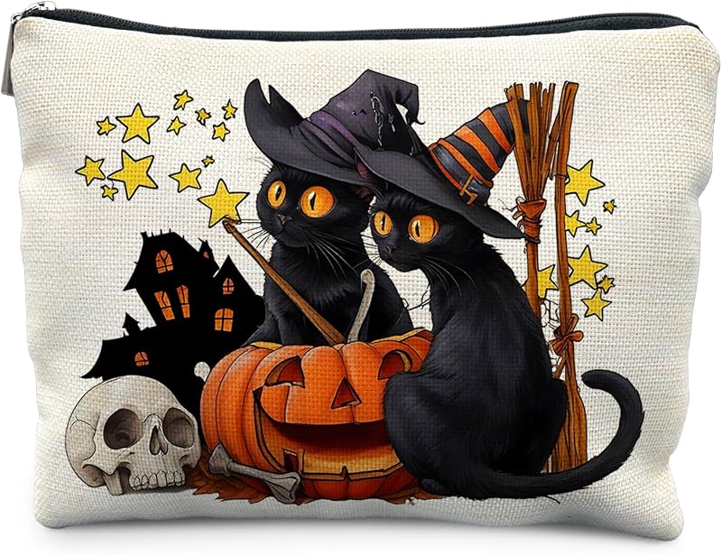 Necessaire de Maquiagem Likjad Preta com Gato e Abóbora, Fecho de Zíper, GOTHNEW3