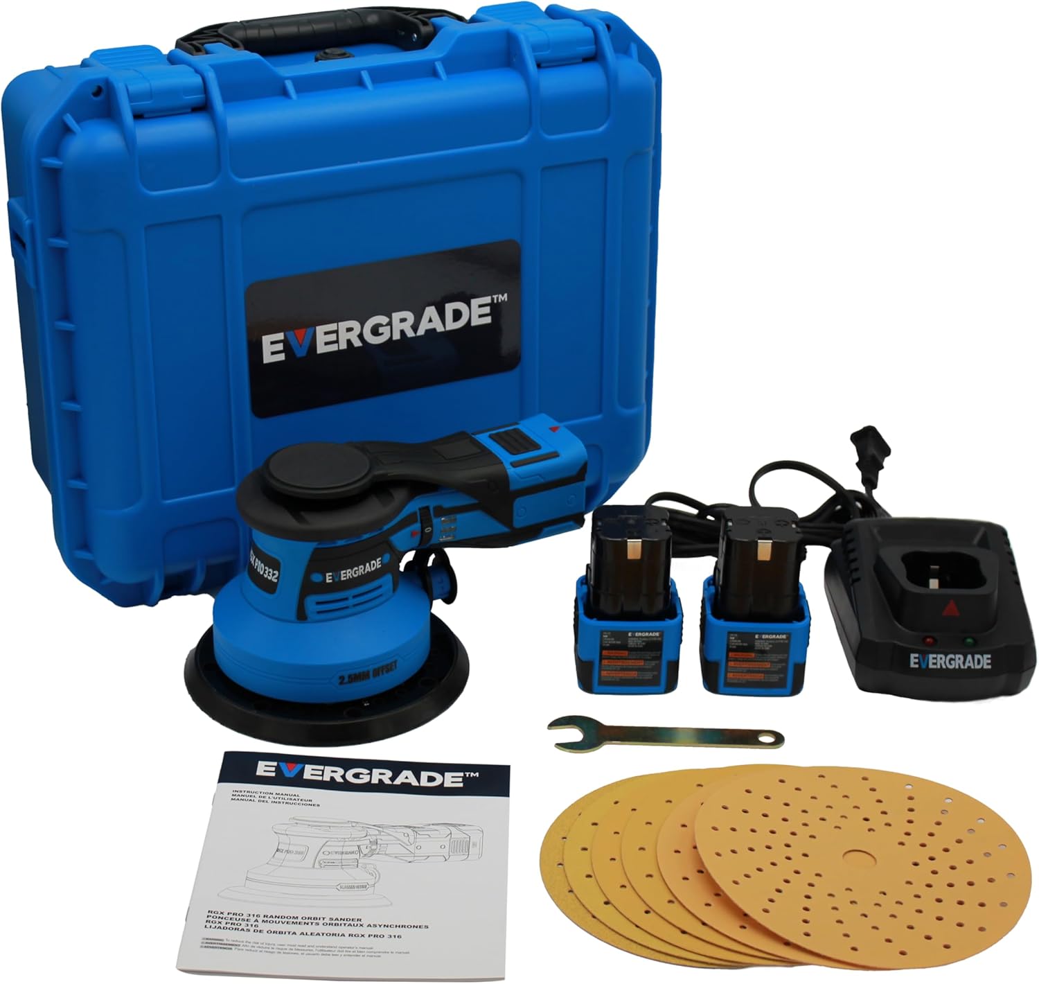 EVERGRADE Professional 6" CORDLESS DA Power Sander Kit with 3/32" (2.5mm) Offset - PREMIUM KIT RGX Pro 332 - Perfect for WOODWORKING, Automotive, Paint Prep (Fine Finish). *INDUSTRY AWARD FINALIST*
