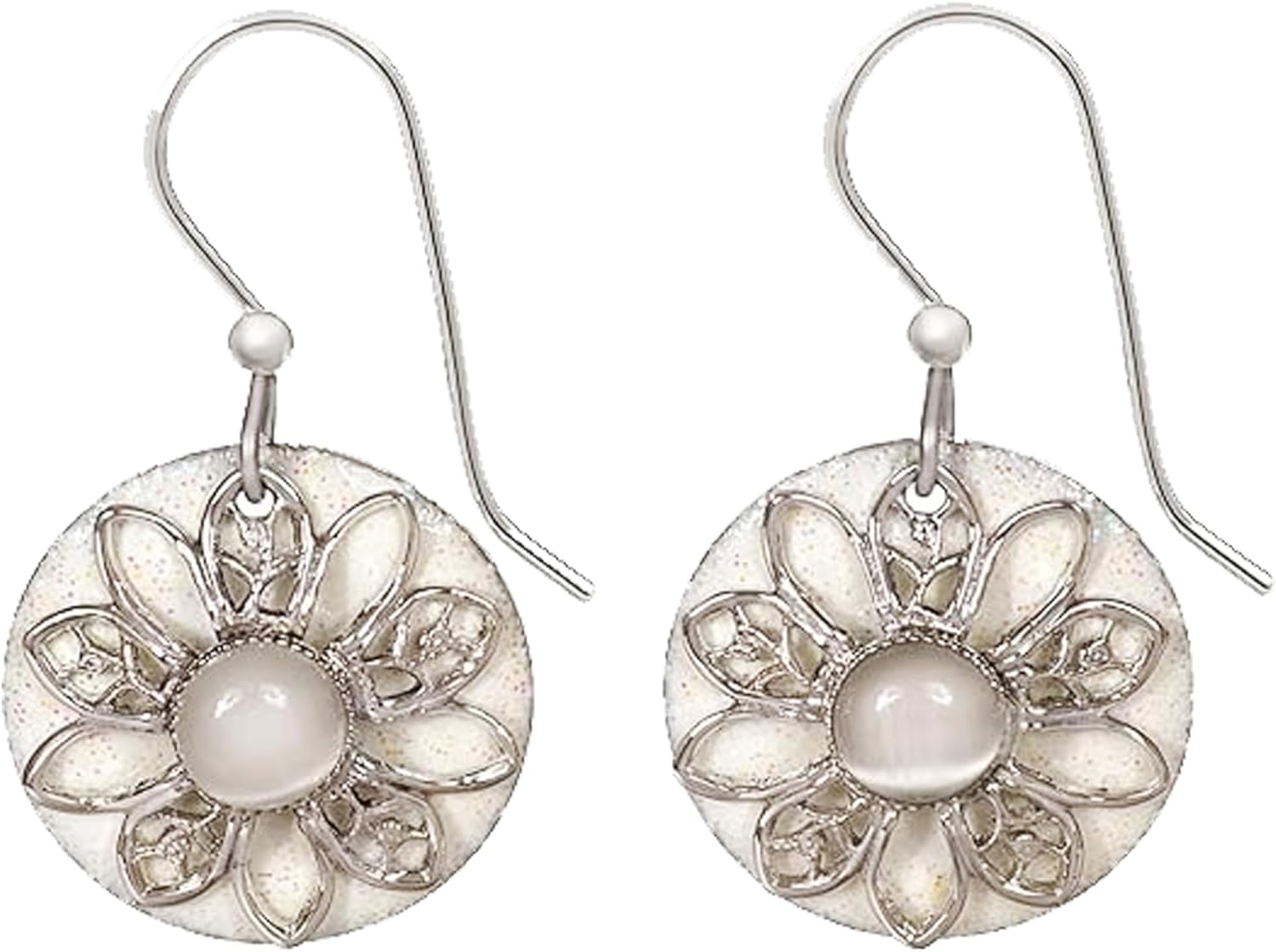 Silver Forest- Silver Flower on Sparkling White Round Pierced Earrings NE-1690B