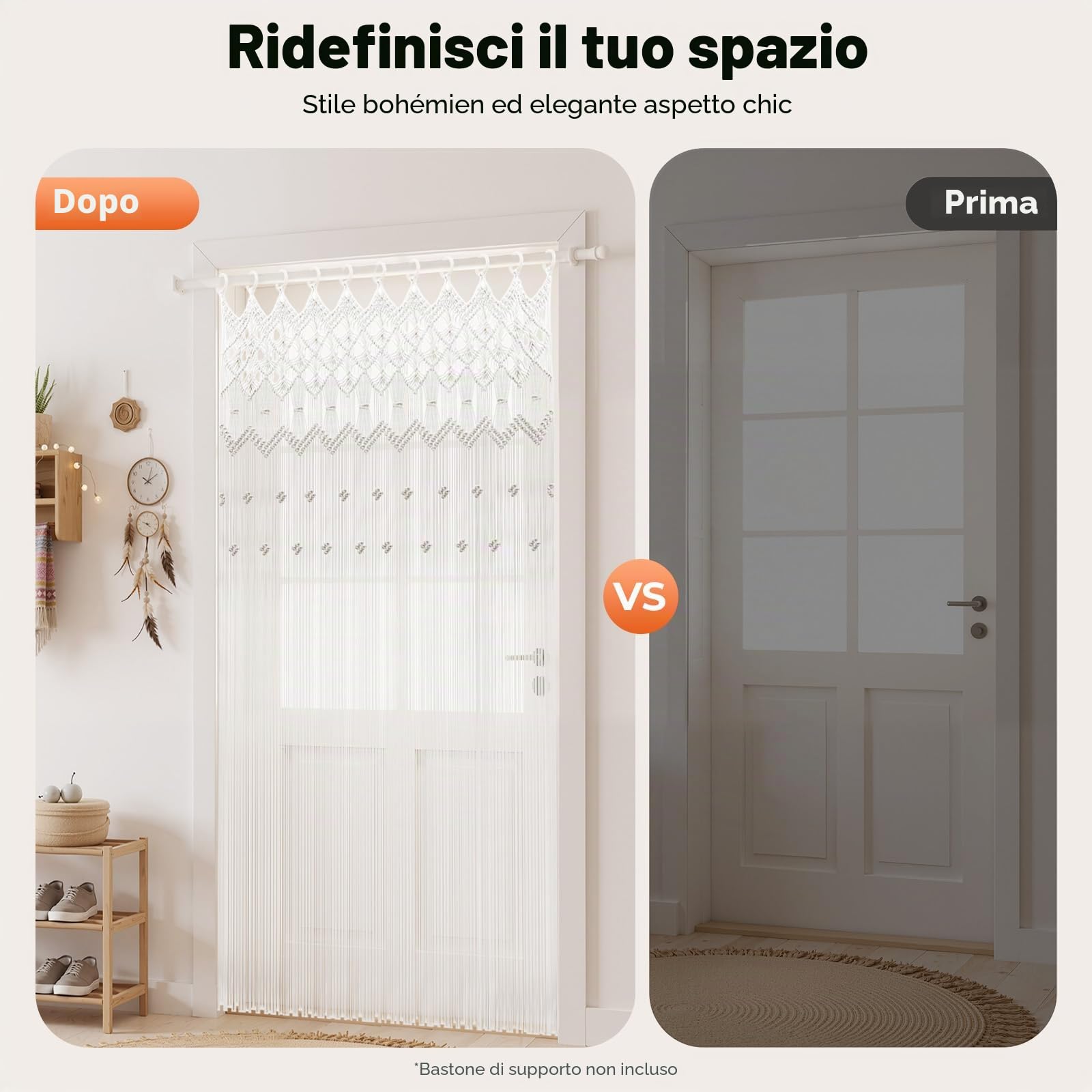 Tenda in macramè con anelli in legno, tenda per porta di 120 x 195 cm, tende a fili densi in cotone, tende per armadio, stile bohémien, decorazione murale con cordino in cotone, bianco, per