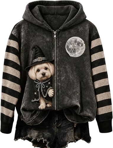 Womens Halloween Sweatshirt Washed Casual Ghost Dog Print Zip Up Hoodie