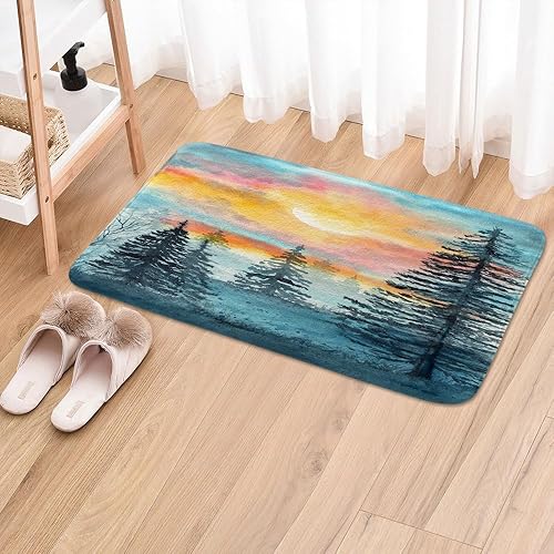 Vista 2 de Alfombras de baño de franela con diseño de árbol arbolado azul y gris, antideslizante, tapete de baño con diseño de paisaje natural, accesorios