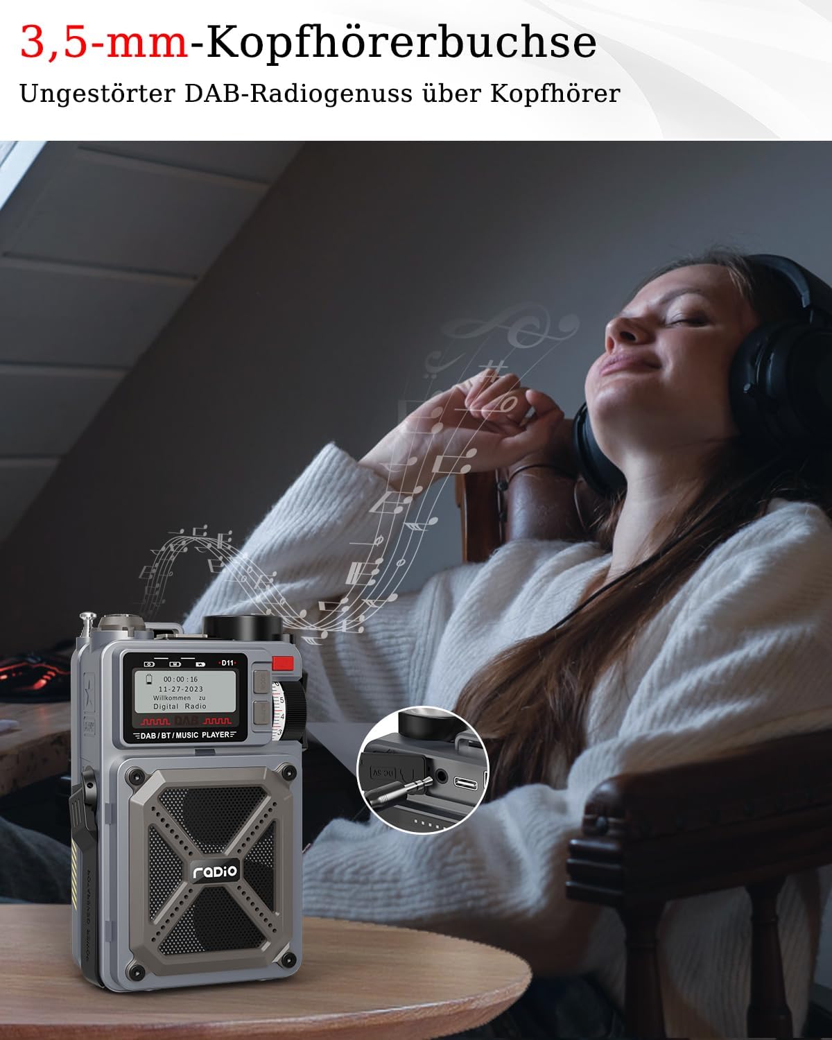 Rychi D11 Portable DAB+ Radio with white noise function, showing a person sleeping peacefully