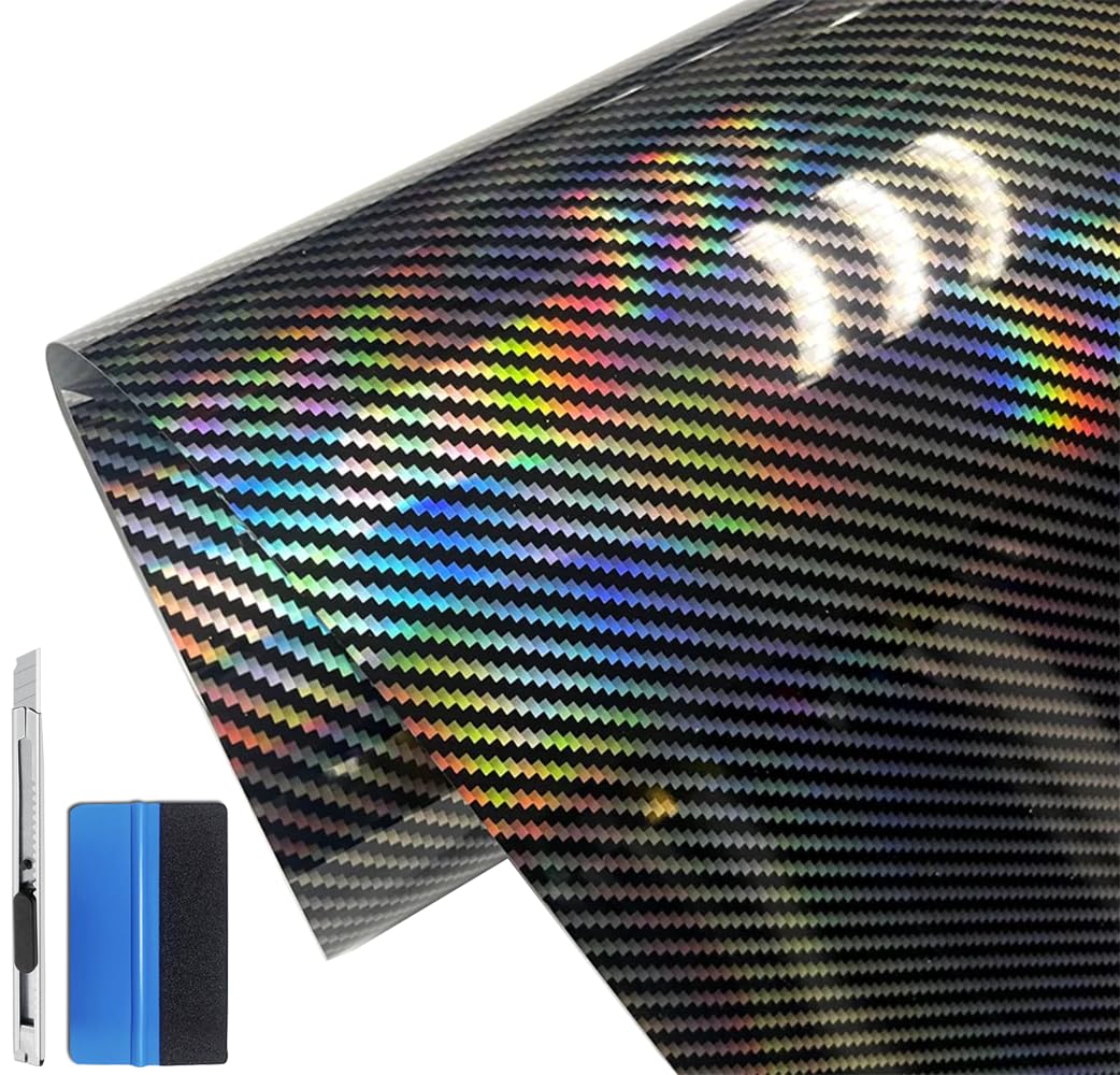 LZLRUN High Gloss Laser Rainbow Black Carbon Fiber Vinyl Film Sticker DIY Self Adhesive Decals Car Covers Accessories Wrap Foil Sticker (50cm x 150cm)