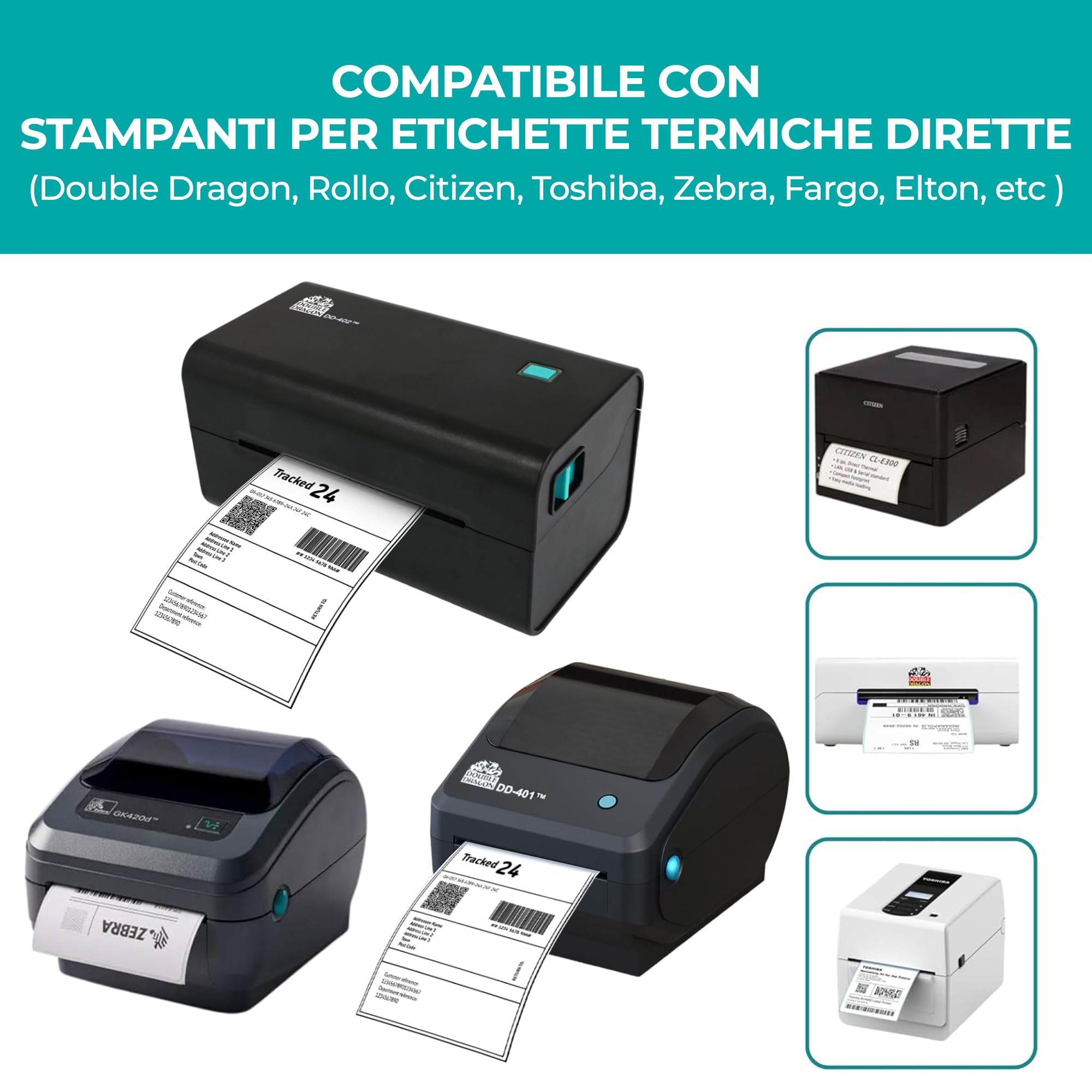 Double Dragon, 5 Rulli, 1.250 Etichette Termiche Dirette Premium Rivestite, 100x150mm (4” x 6”), Auto-Adesive, Compatibili con Zebra, MUNBYN, Rollo,Toshiba, Stampante di Etichette Termiche Dirette