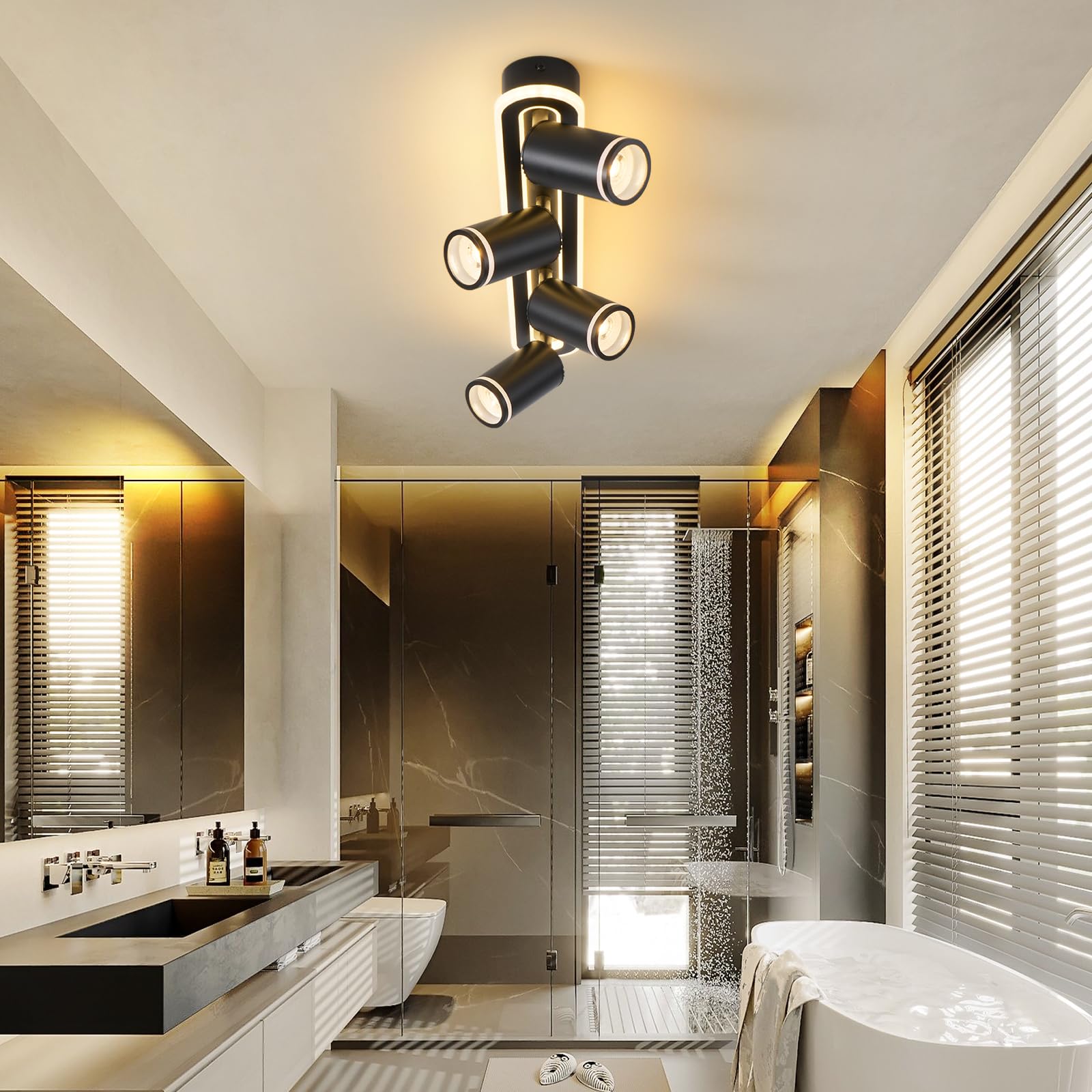 MYCUL Lampara tech 4 llamas orientable 350°,Foco de techo con resplandor inferior 36W+4x5W focos GU10,3000K blanco cálido focos led interior,Lámpara de techo moderna,Foco para cocina,Salón Negro