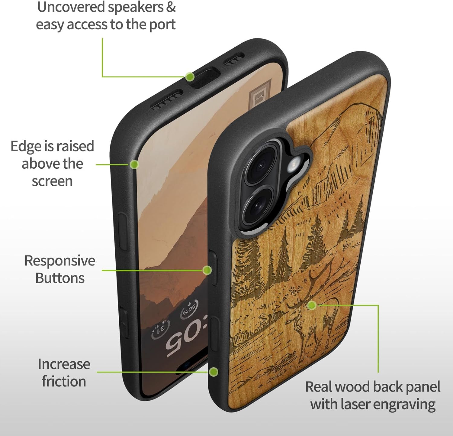 Carveit Magnetic Wooden Case for iPhone 16 Case, Wood Artisan Engraved & Black Soft TPU Shockproof Cover, Compatible with MagSafe Wireless Chargers (Mountains and Deer) Cherry