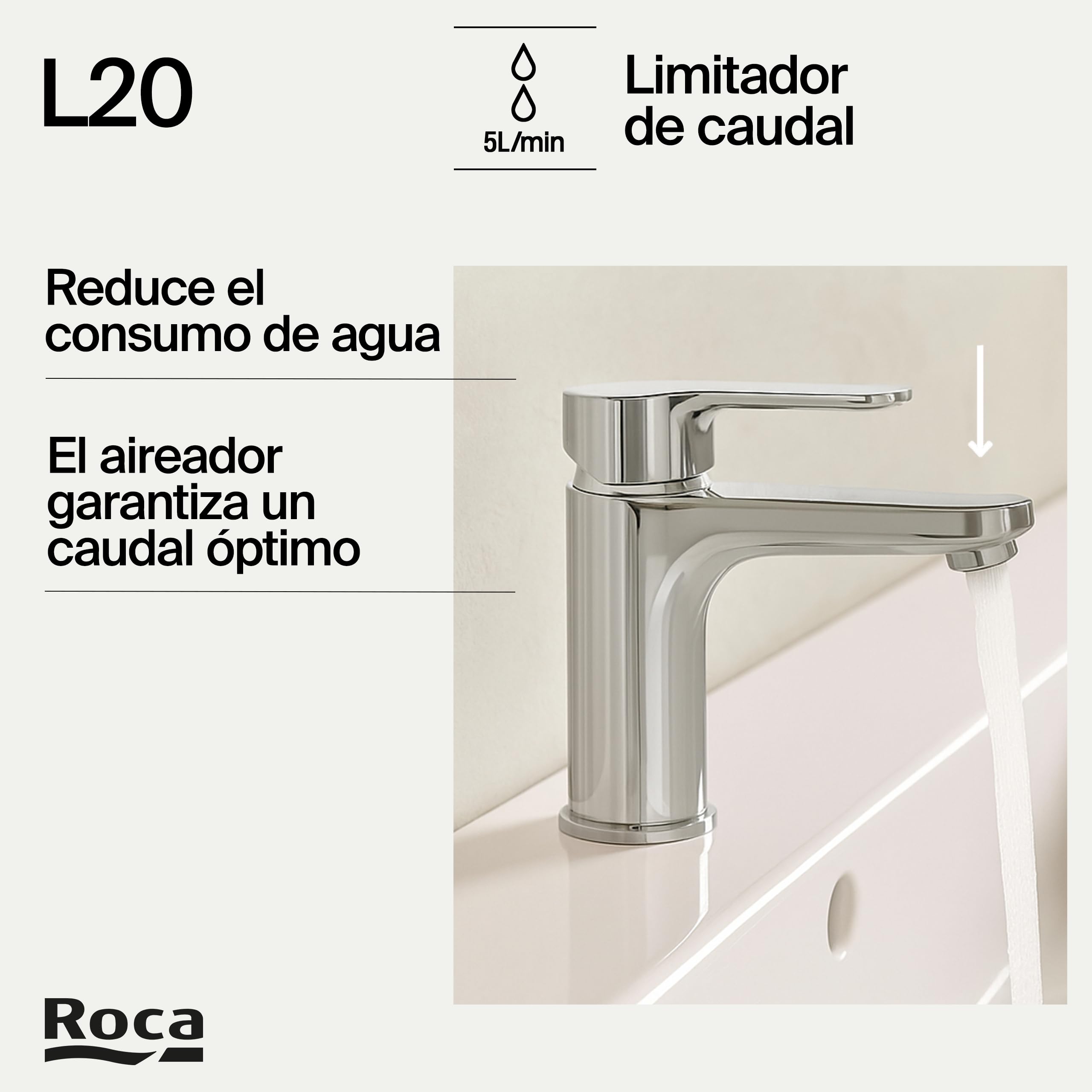 Roca L20 Grifería para lavabo con tecnología Cold Start, grifo monomando de repisa con enlaces de alimentación flexibles, mezclador para cuarto de baño de fácil instalación, cromado, A5A3K09C00
