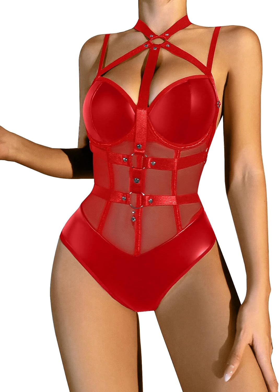 Lilosy Sexy Crisscross Choker Leather Pu Underwire Babydoll Women Harness Teddy Bodysuit Nightshirt One Piece