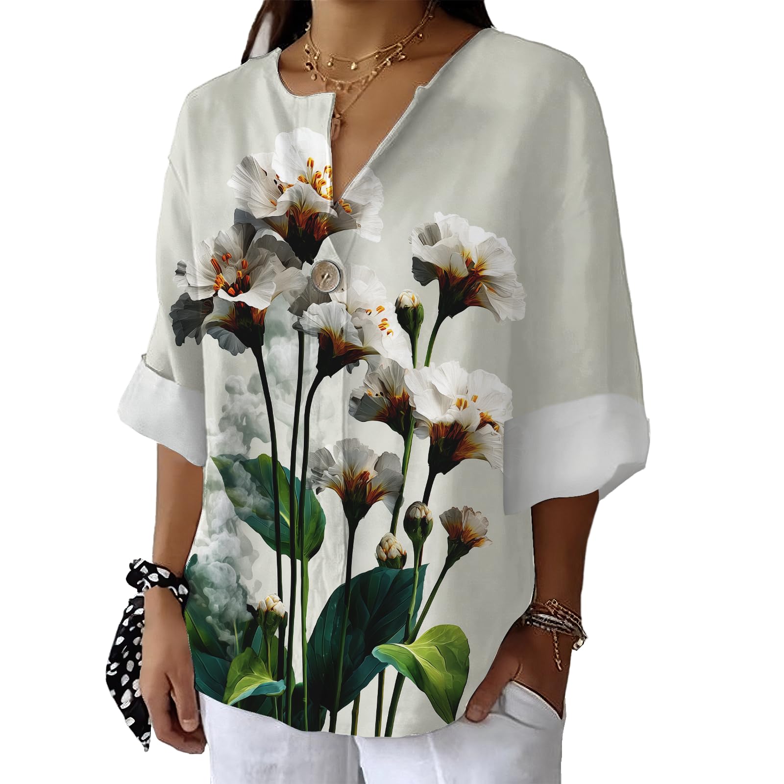 Floral Bird Graphic Shirt Womens Casual Blouse Summer Fashion 3 4 Sleeve V Neck Tops Loose Lightweight Pullover