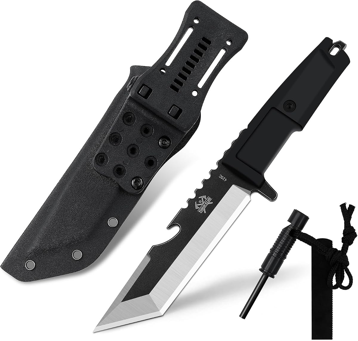Cuchillo de hoja fija con funda, cuchillo de supervivencia con mango de goma, cuchillo de caza de 11 pulgadas Full Tang 420HC con encendedor de fuego, ideal para exteriores, camping, bushcraft