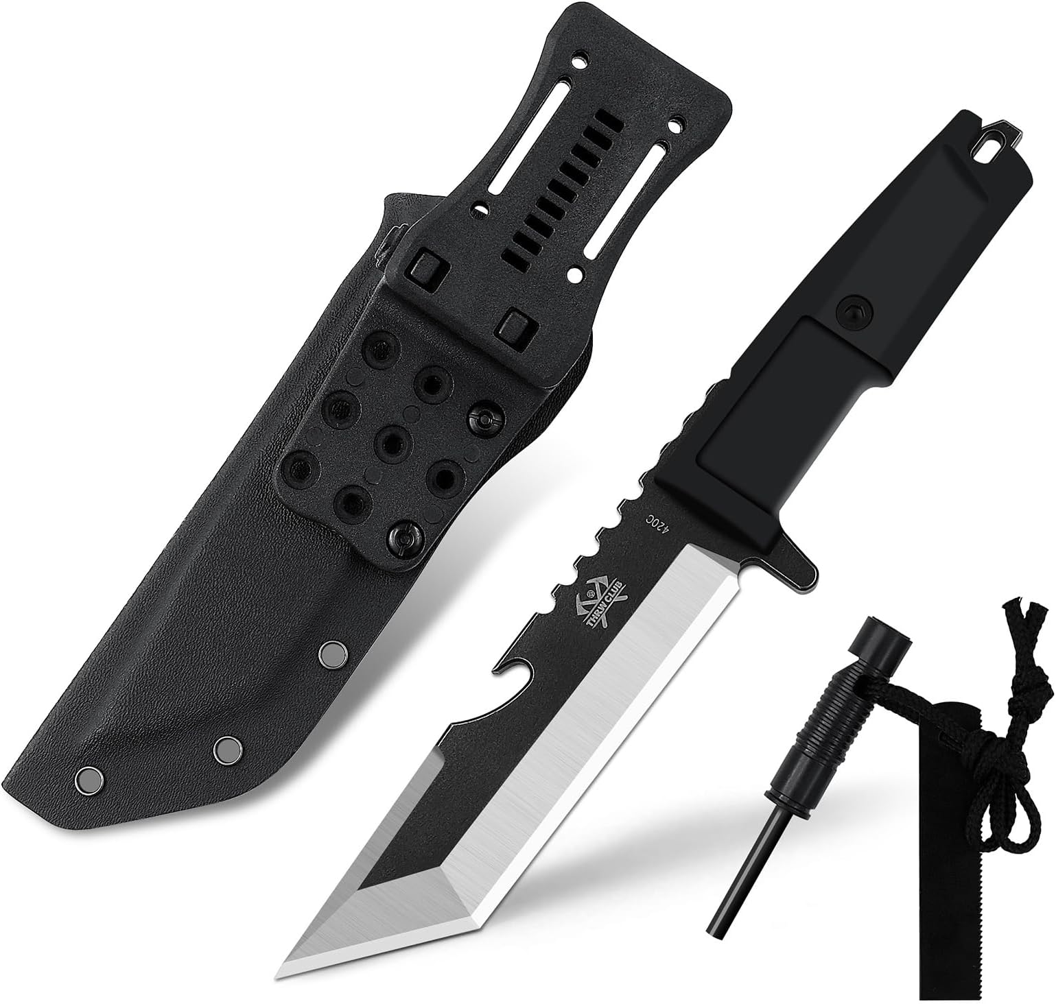 Fixed Blade Knife with Sheath, Survival Knife with Rubber Handle, 11-Inch Hunting Knife Full Tang 420HC with Fire Starter - Ideal for Outdoor, Camping, Bushcraft