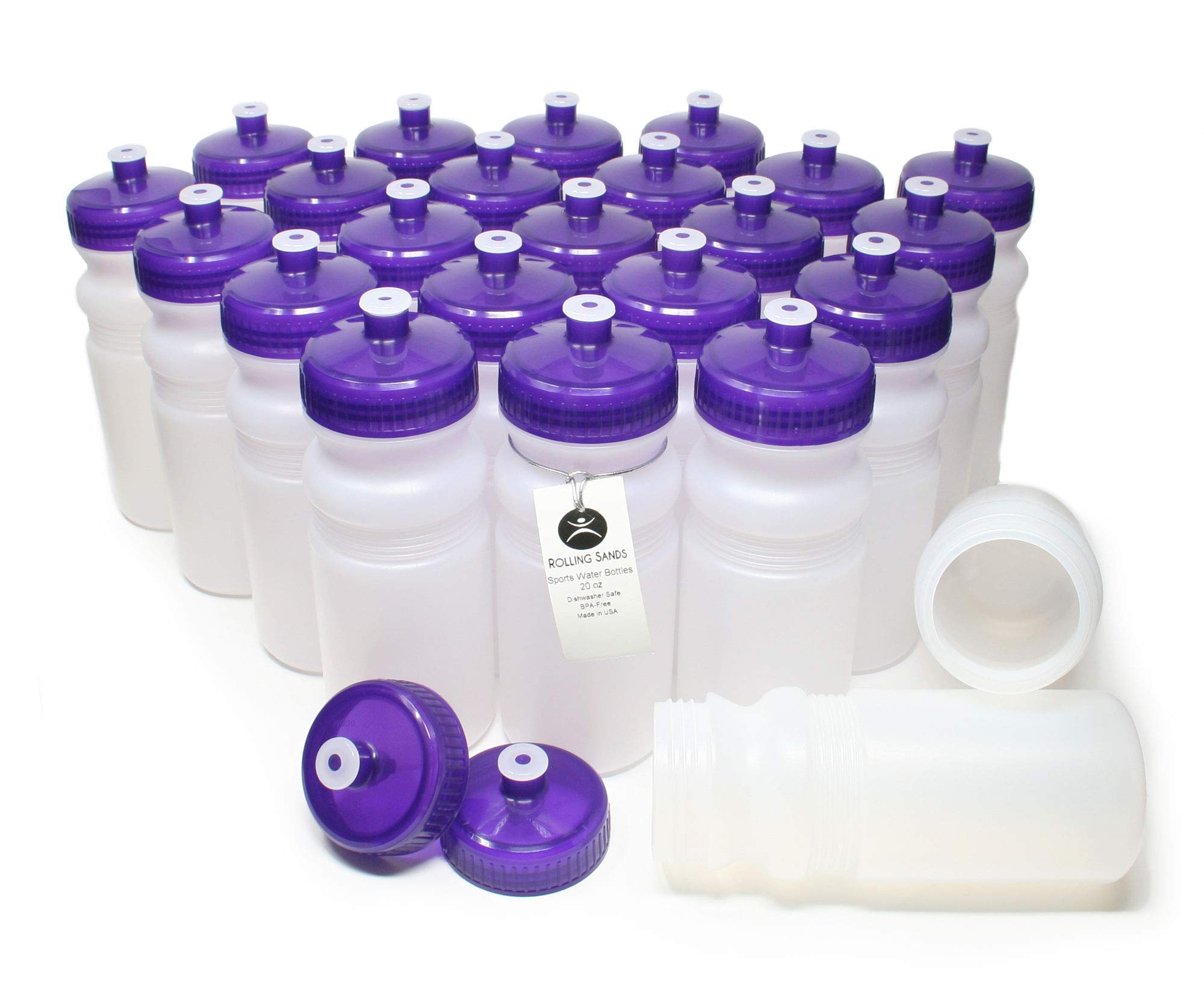 Rolling Sands Reusable Bulk Water Bottles 24 Pack - 20 Oz Sports Water Bottles, USA Made, BPA-Free, Wide Mouth for Easy Cleaning, Dishwasher Safe,