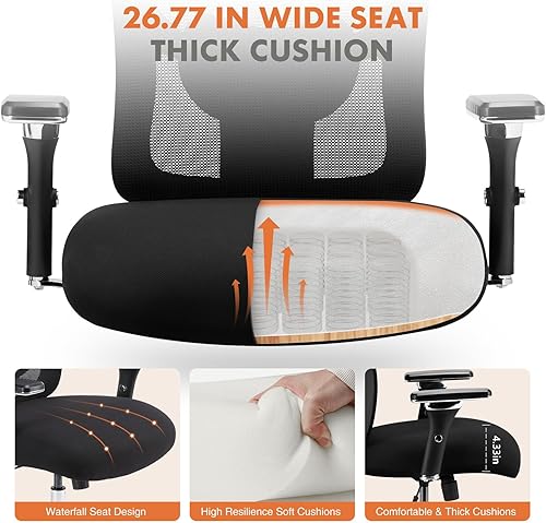 Miniatura 4 de Sweetcrispy Silla de escritorio de oficina grande y alta con soporte lumbar, silla ergonómica de malla resistente de 500 libras con brazo y asiento