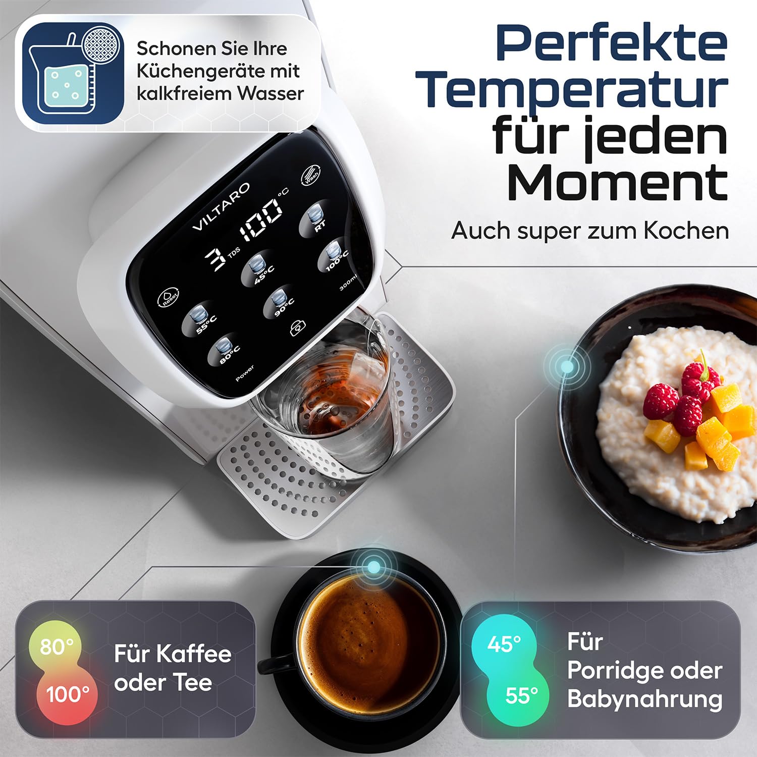 VILTARO® Osmoseanlage Trinkwasser [weiß, 5-stufiges Filtersystem, 6 Temperaturstufen, mobil ohne Wasseranschluss] | Umkehrosmoseanlage | Osmose Wasserfilter | Kalkfilter | Trinkwasserfilter