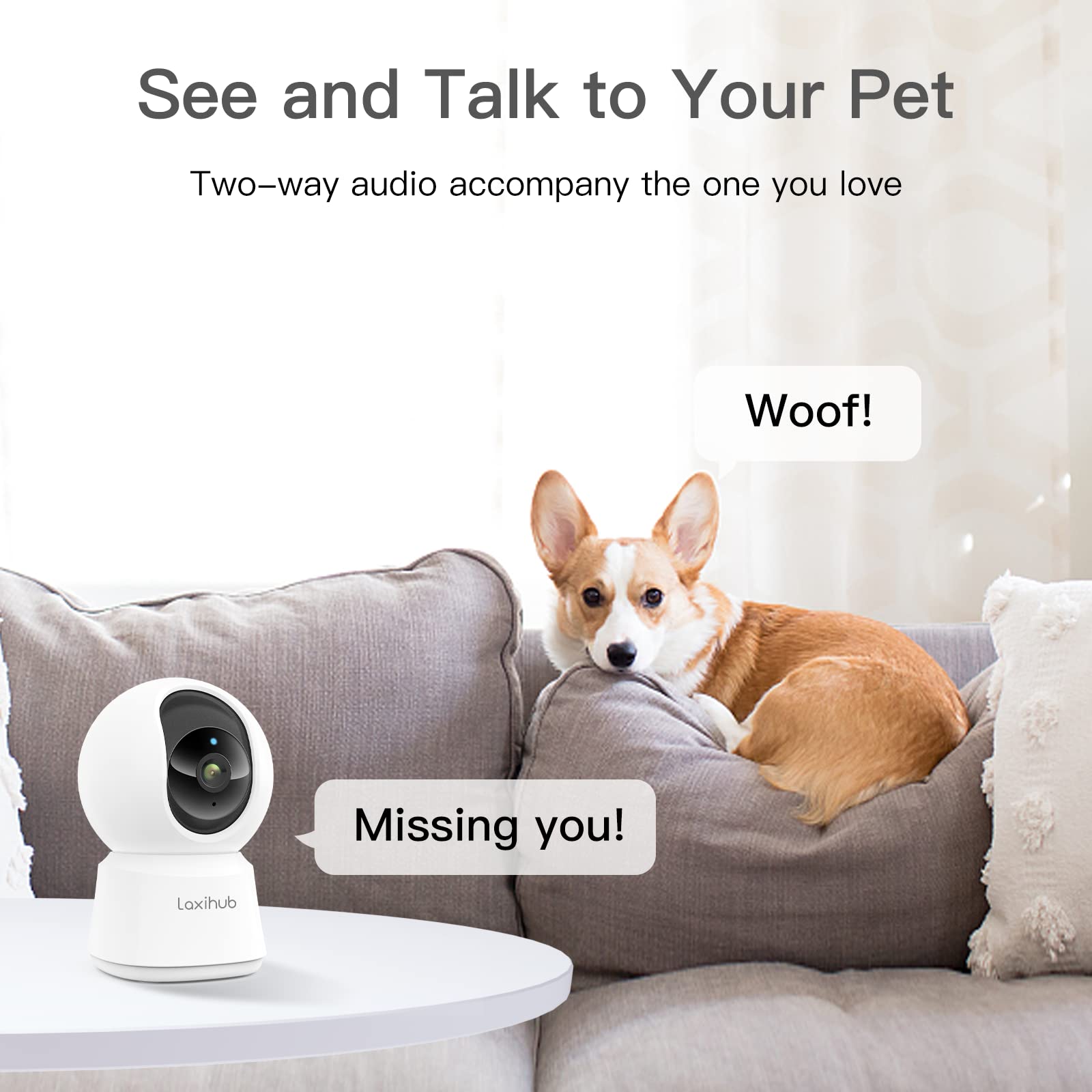 LAXIHUB Osłona 360 °C Pan Tilt Indoor Security Camera, 2K Full HD Smart Monitor Baby Pet Camera z aplikacją na telefon, noktowizor, dwukierunkowe audio, Motion Sound Detection, współpracuje z Alexa