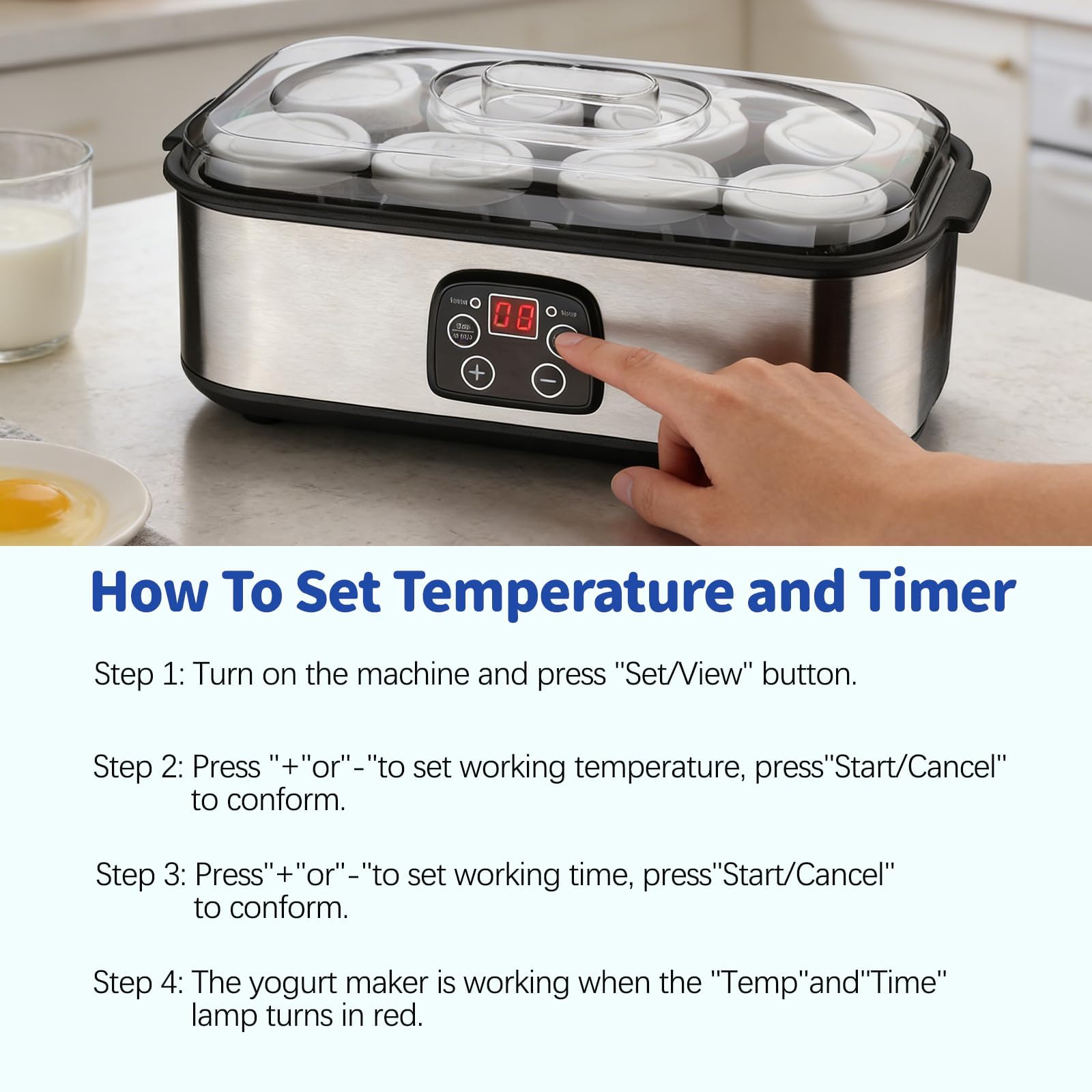 Yogurtera Eléctrica con 8 Tarros De Vidrio | Temporizador ajustable y temperatura precisa para preparar yogur orgánico, natto y postres caseros saludables