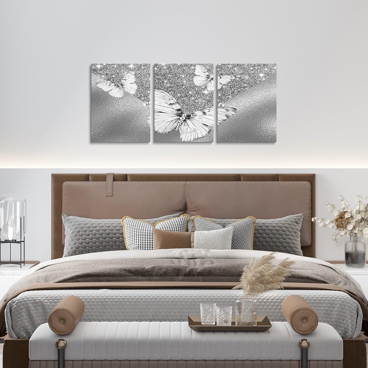 Loussiesd Glitter (No Glitter) Bathroom Wall Art for Home Decor 40X30cm Stylish Butterfly 3 Piece Canvas Wall Art for Living Room Bedroom Animals Office Wall Decor Artwork Posters Silver Grey - Image 4