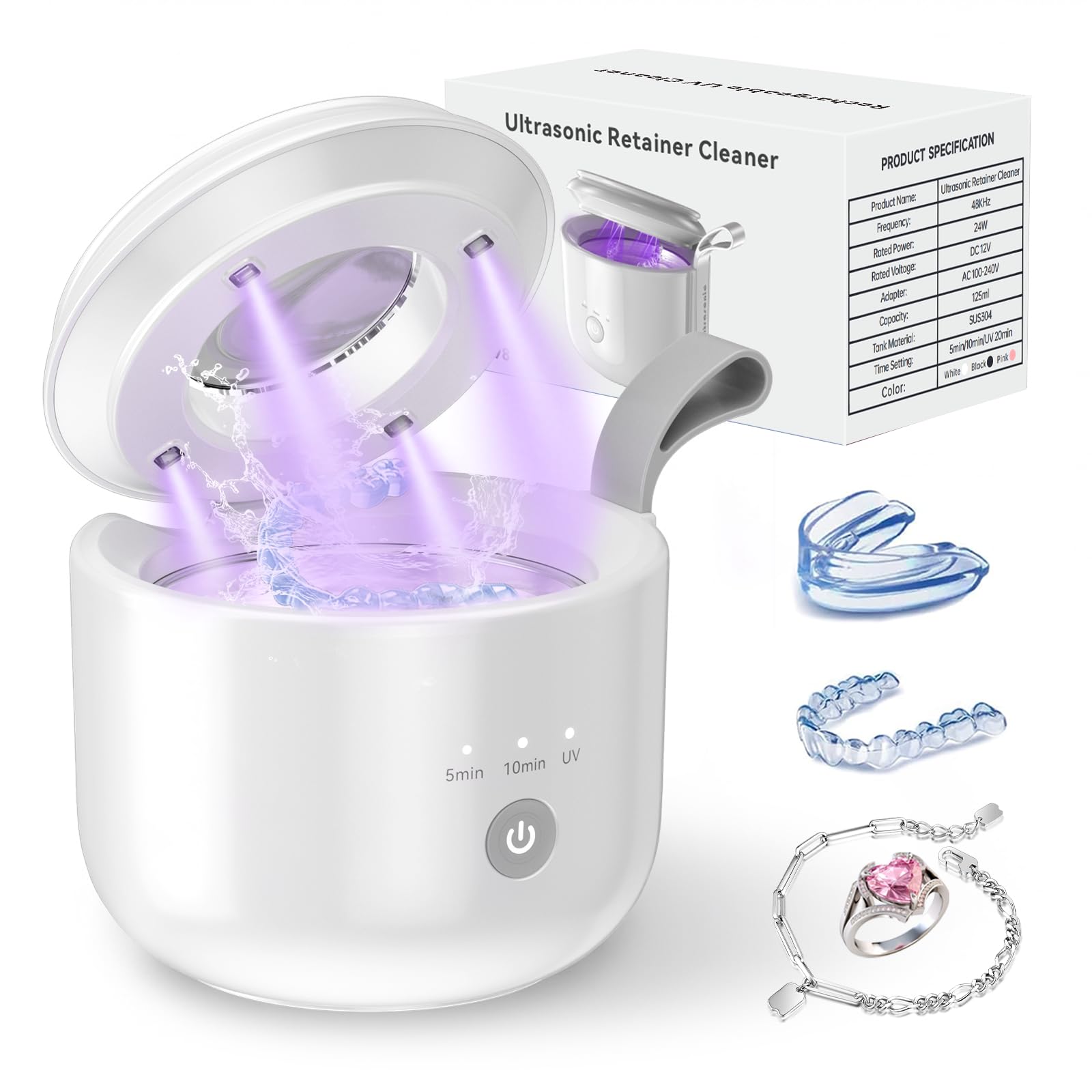 JeaTone Nettoyeur Ultrasons, 48kHz Dental Cleaning Pod, 200ML Ultrasonic Cleaner, Appareil de nettoyage à ultrasons avec 4 UV Lampe pour Prothèses Dentaires, Gouttière Dentaire, Retainer, Bijoux