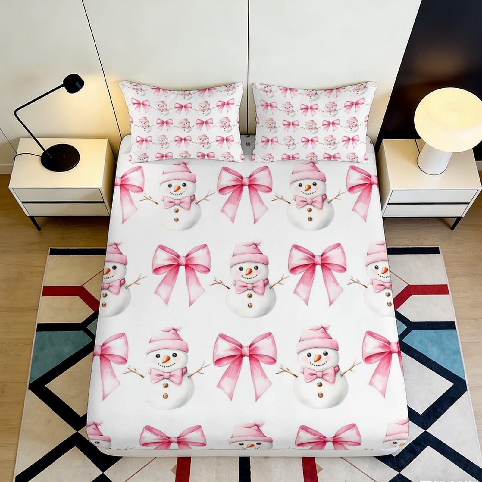 Pnayamiorkfel Style-5 3D Printed Pink Snowman Fitted Sheet Microfiber Soft Bedroom Decor Bow Mattress Cover For Home Dorm Guest Room 90X200x25cm