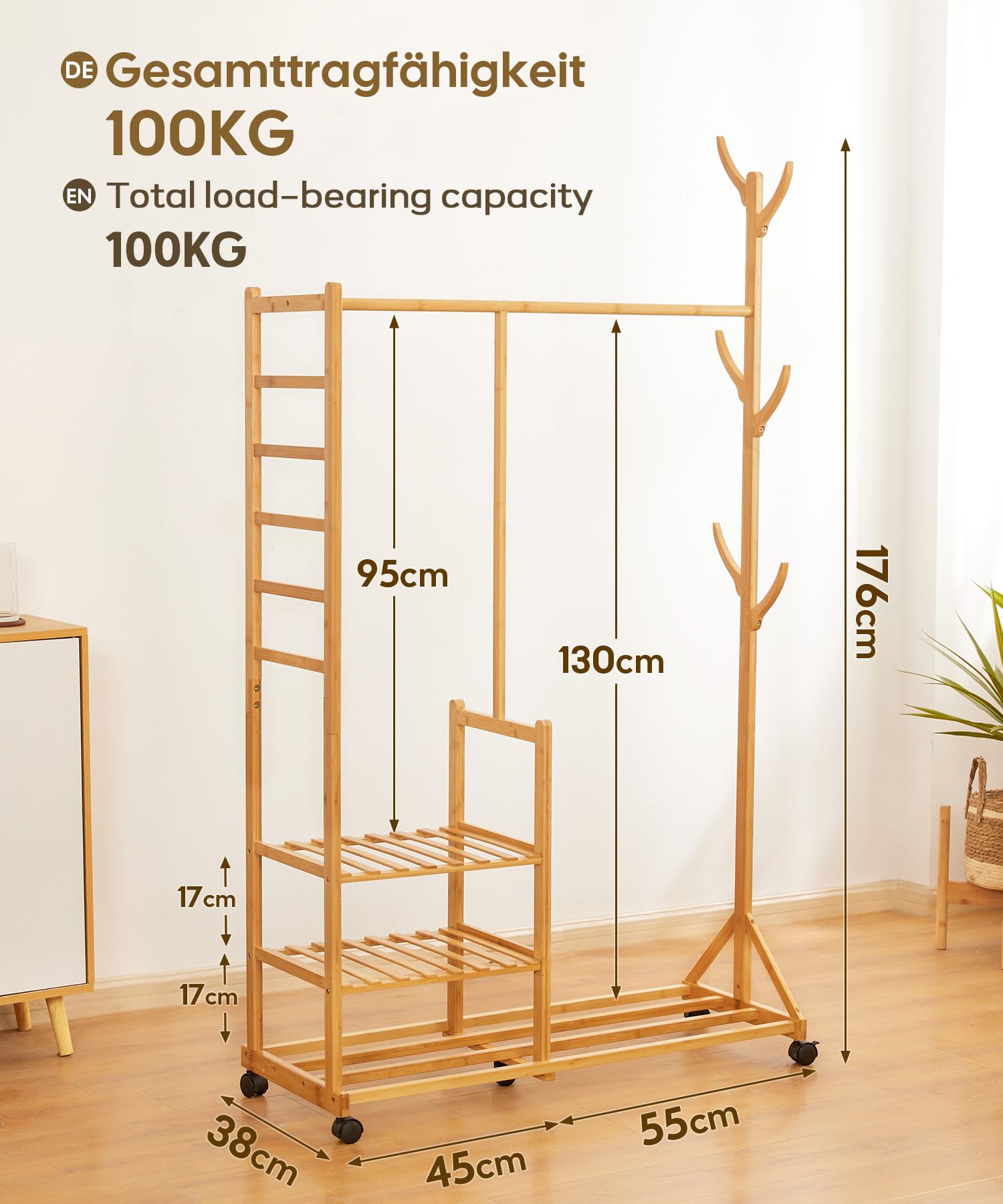 4-in-1 kledingrek met kapstok aan de zijkant, boomdesign met haken, 3