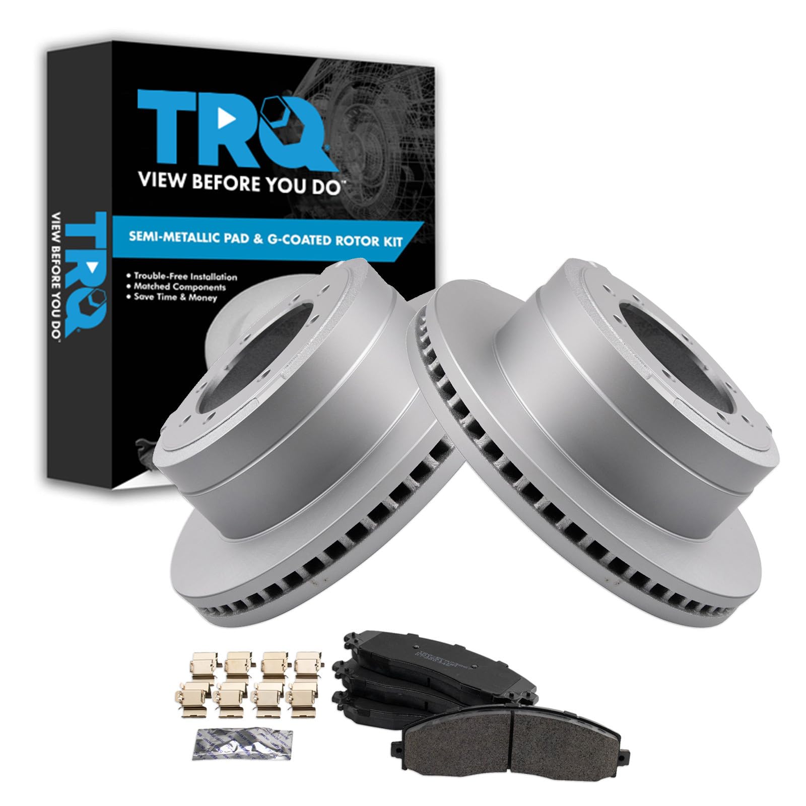 TRQ Brake Pad &amp; Rotor Kit Semi-Metallic Premium G-Coated Rear Compatible with 2013-2019 Ford F-350 Super Duty 2013-2016 F-450 Super Duty
