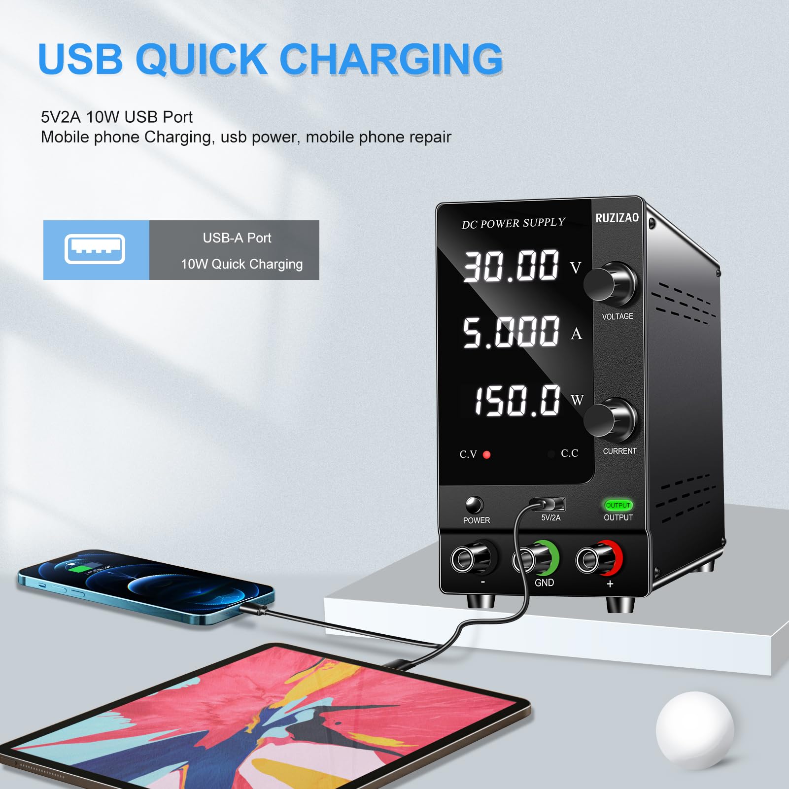 Alimentation Laboratoire 30V 5A, Alimentation Stabilisée Réglable avec Interrupteur de Sortie/Encodeur, Alimentation de Laboratoire avec Affichage LED à 4 Chiffres et Port de Charge USB 5V/2A